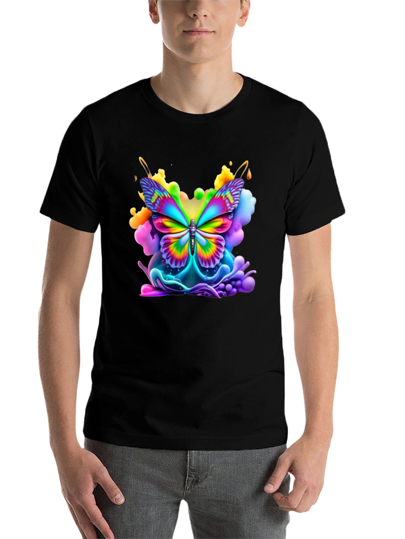Black Vibrant Butterfly Graphic Tee - Black Cotton Comfort view 7