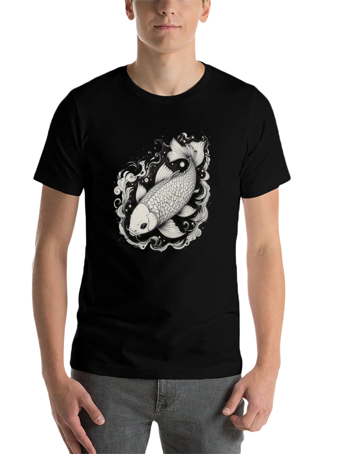 Black Koi Fish Graphic Tee - Black Cotton Blend Shirt view 7