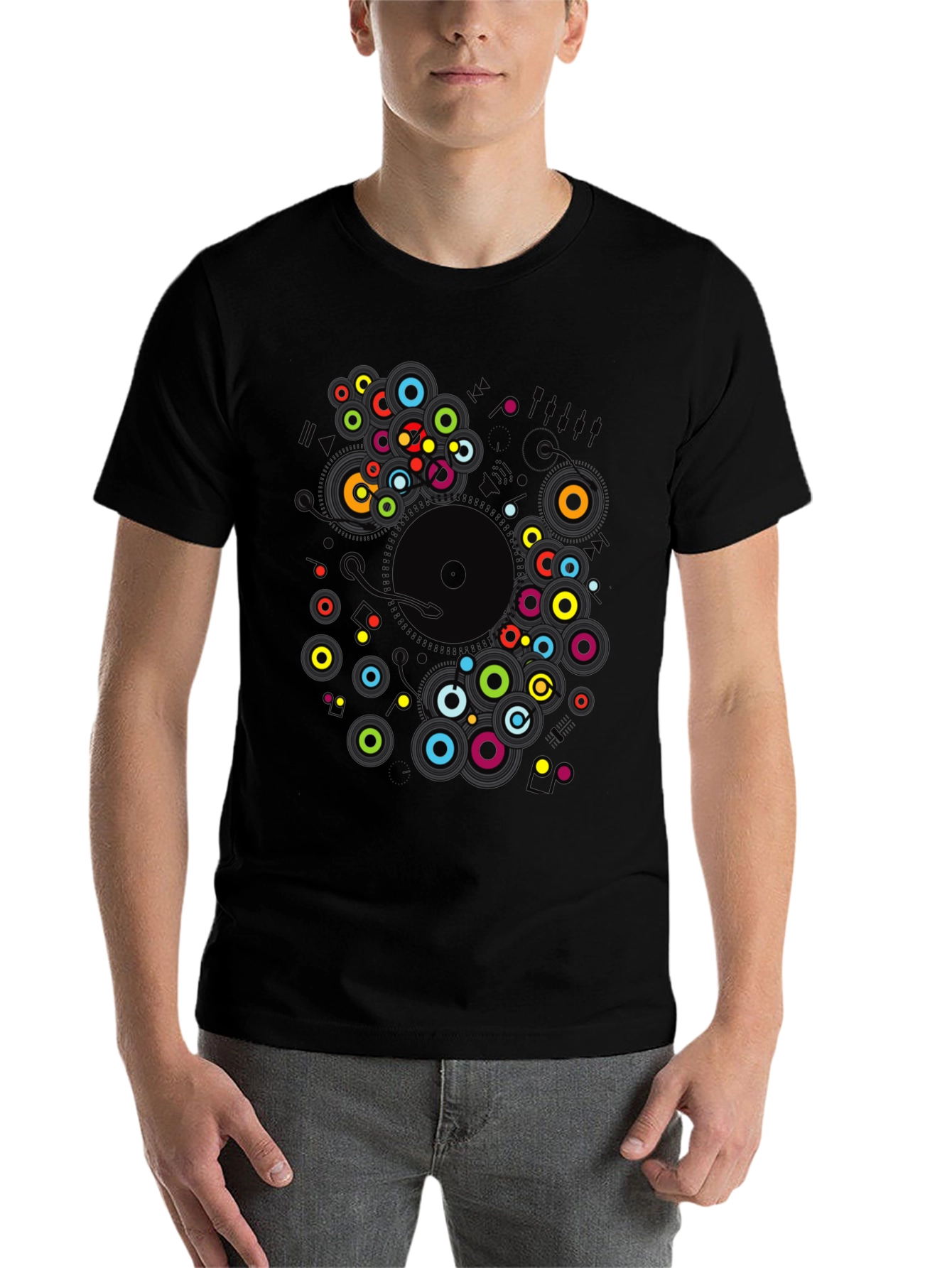 Black Modern Record Player Graphic Print Black T-Shirt view 7
