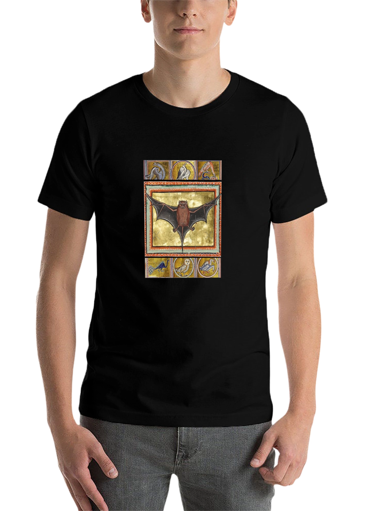 Black Medieval Bat Art T-Shirt - Unique Graphic Tee view 7