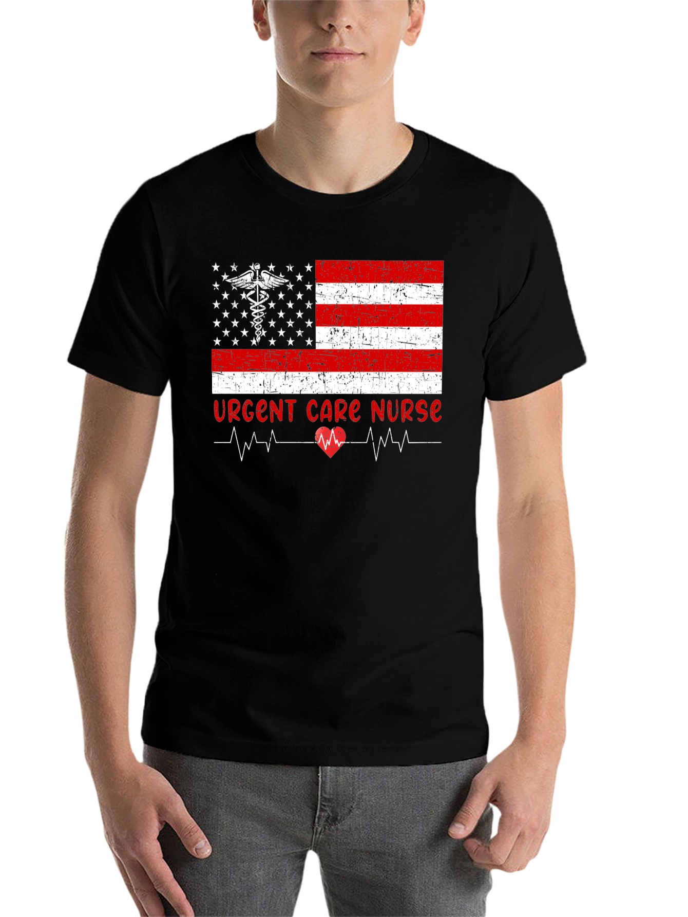 Black Urgent Care Nurse American Flag T-Shirt view 7