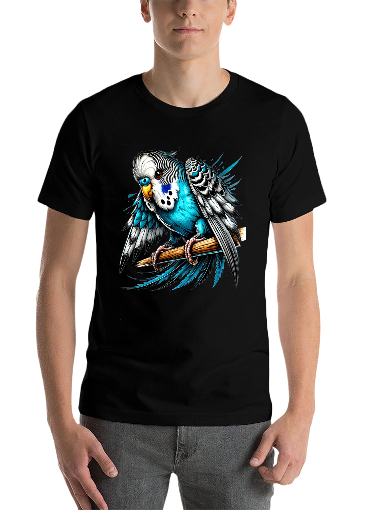 Black Blue Budgie Bird T-Shirt - Unique Graphic Tee view 7