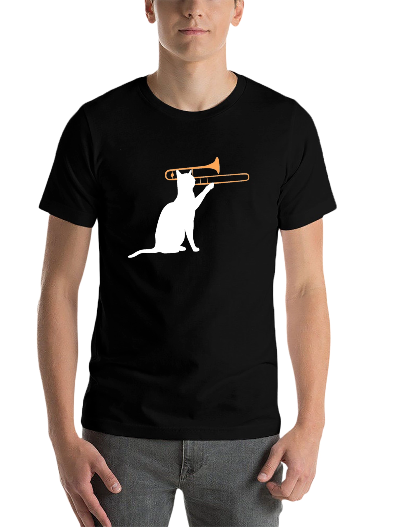 Black Cat Trombone T-Shirt - Black Cotton Graphic Tee view 7