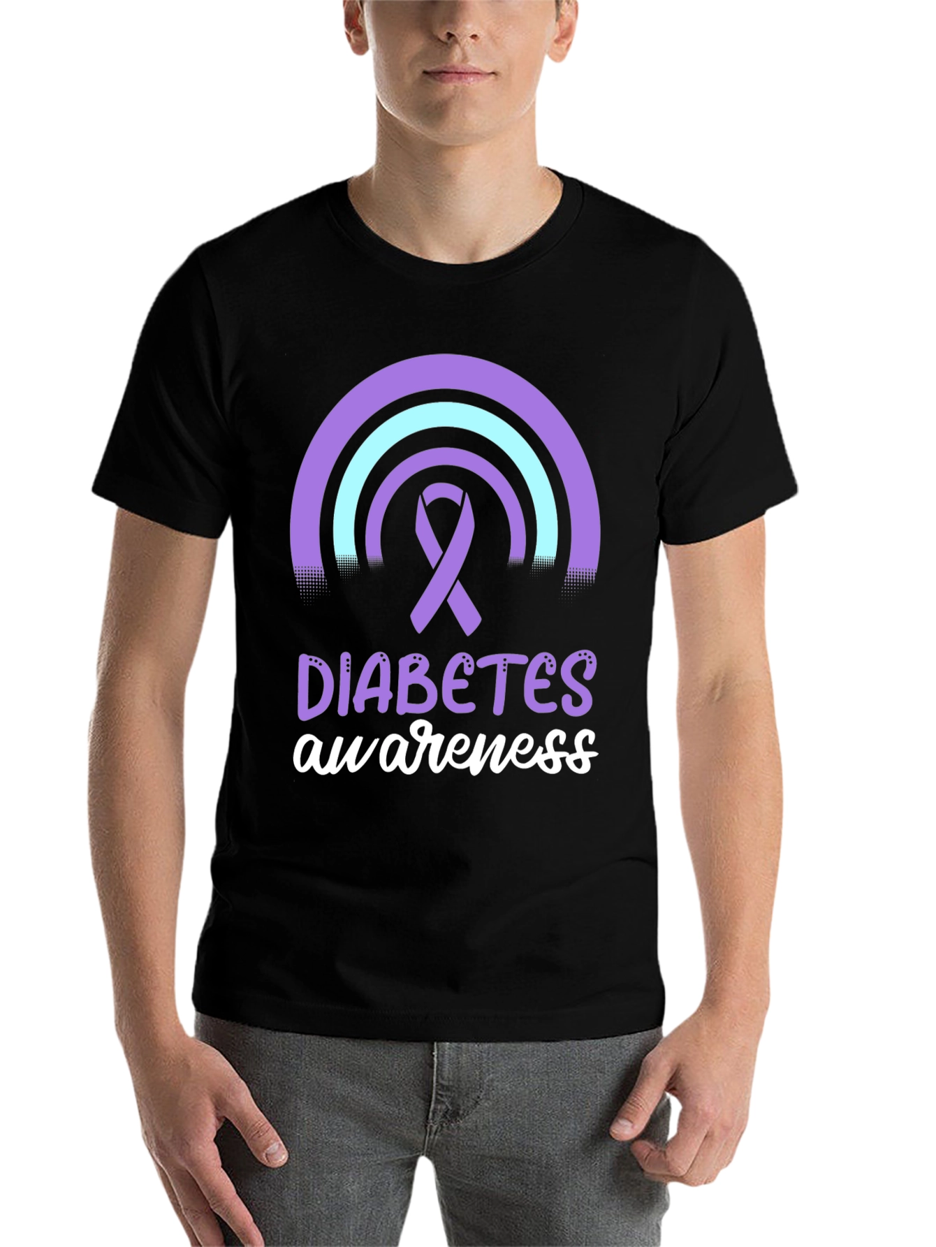Black Diabetes Awareness T-Shirt Ribbon Rainbow Design view 7