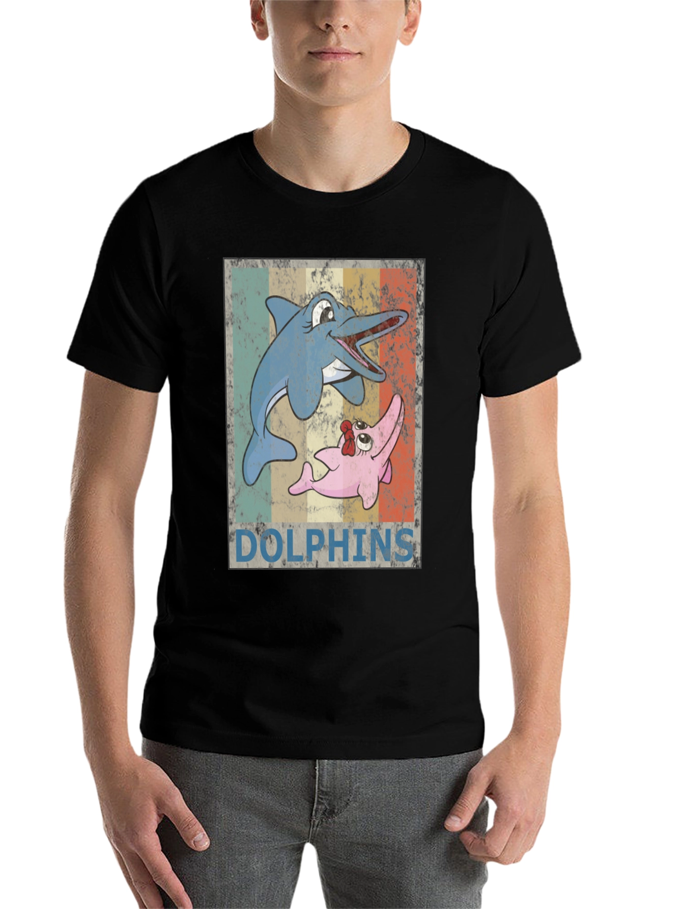 Black Retro Dolphin Cartoon T-Shirt view 7