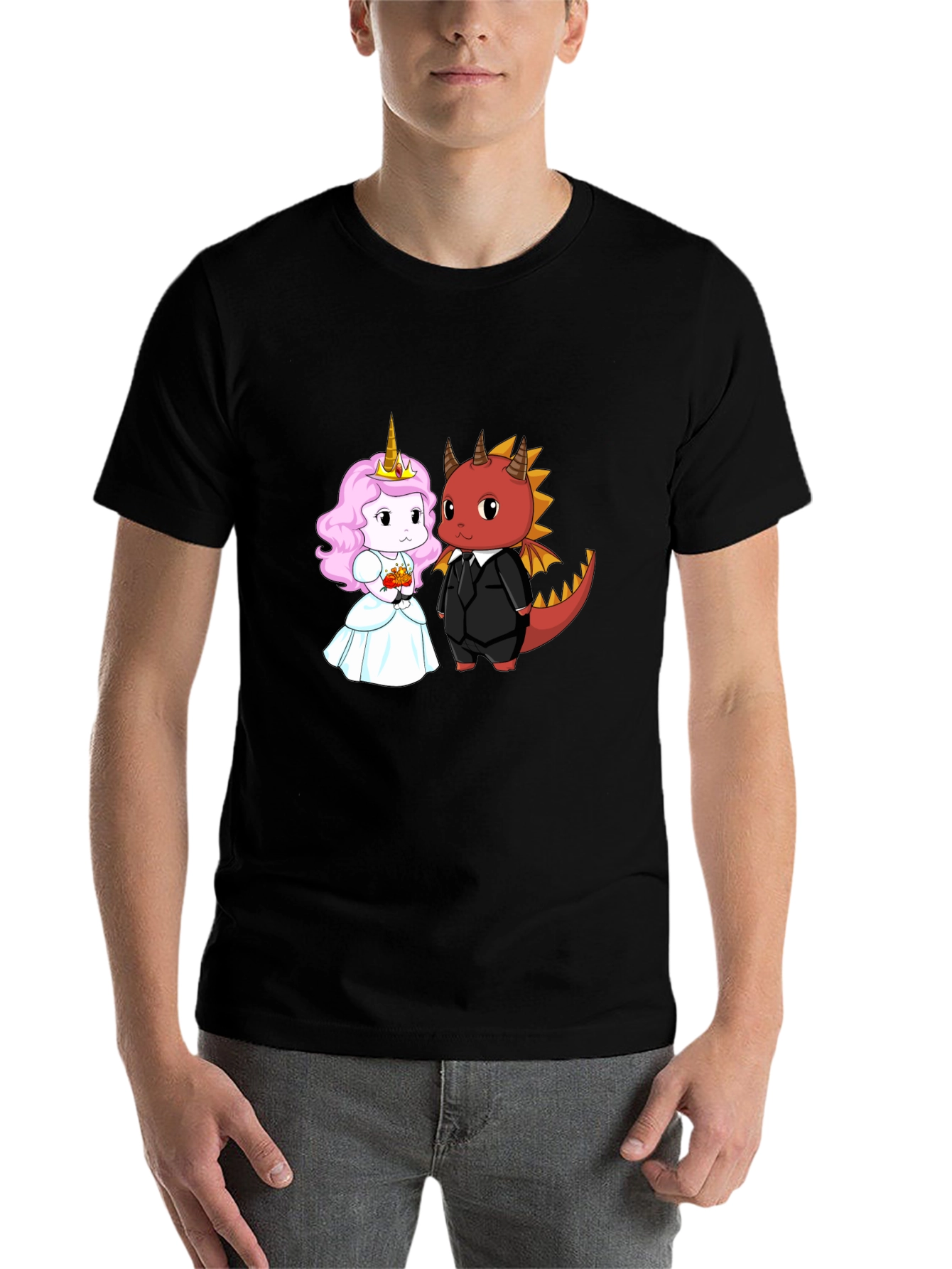 Black Unicorn and Dragon Cartoon Graphic Tee view 7