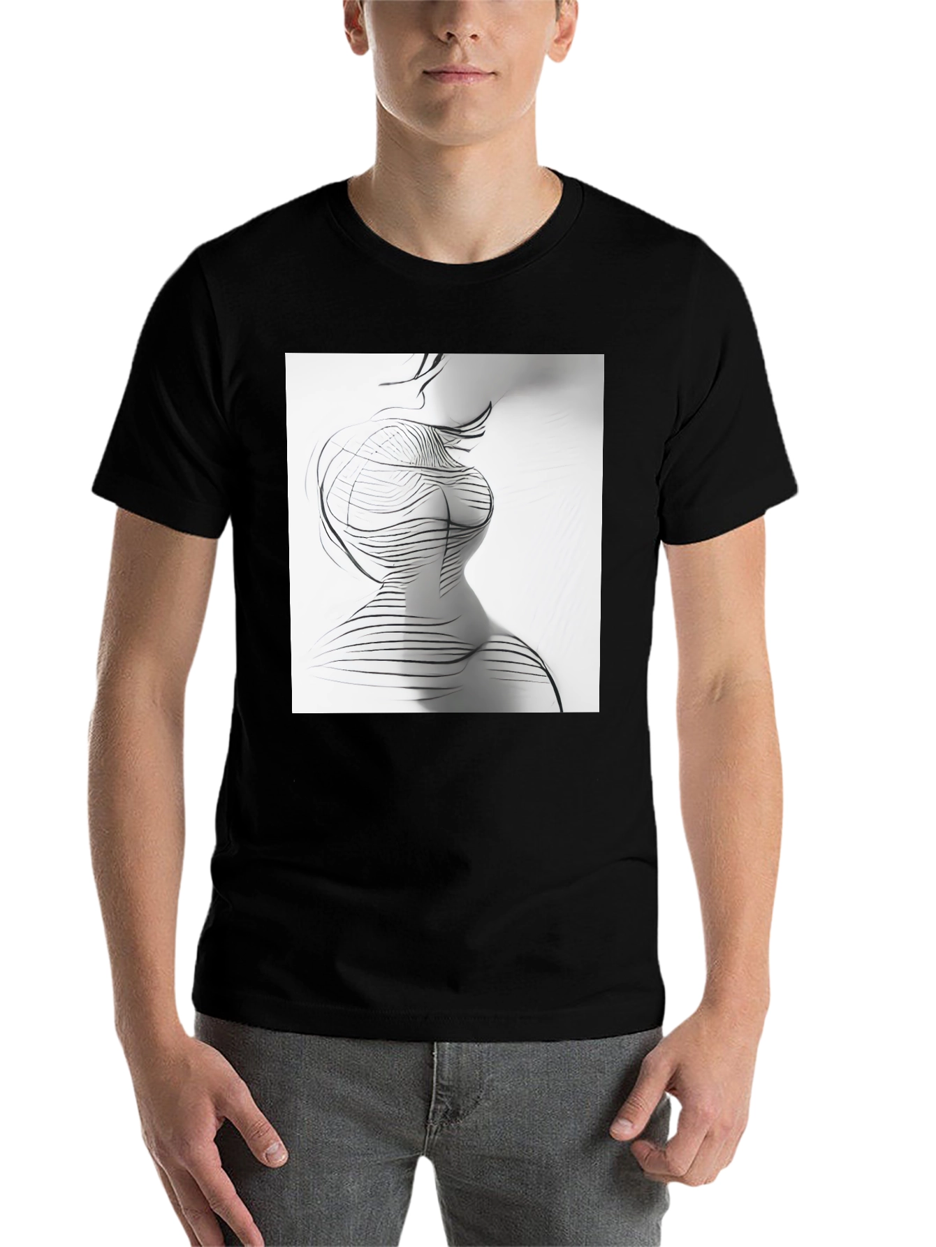 Black Abstract Line Art Print Black Crew Neck T-Shirt view 7