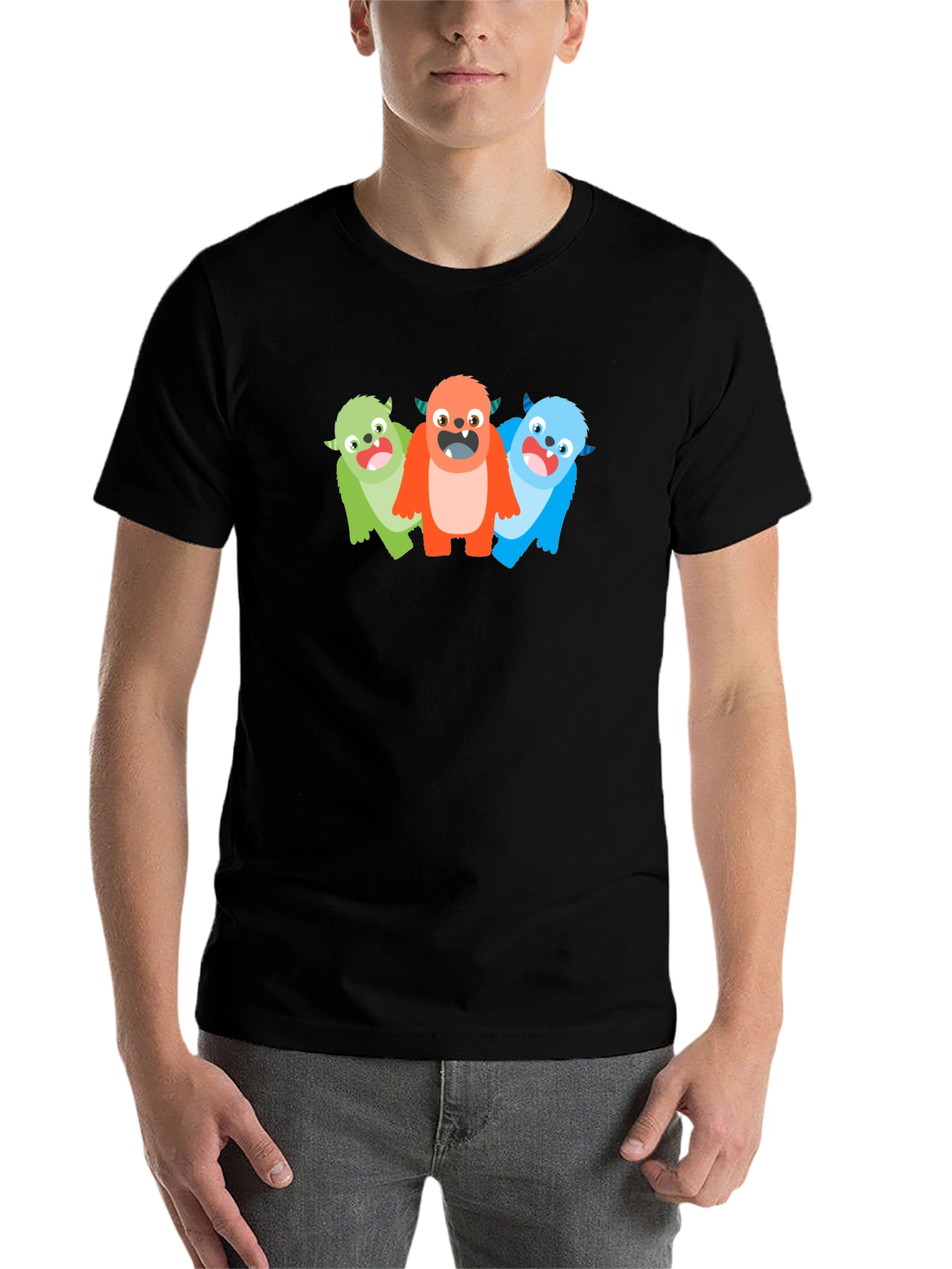 Black Monster Trio Graphic Tee - Fun Cartoon T-Shirt view 7