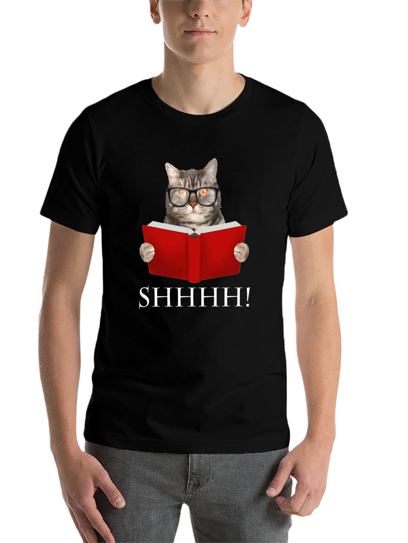 Black Shhh! Cat Reading Book Graphic Tee - Black view 7