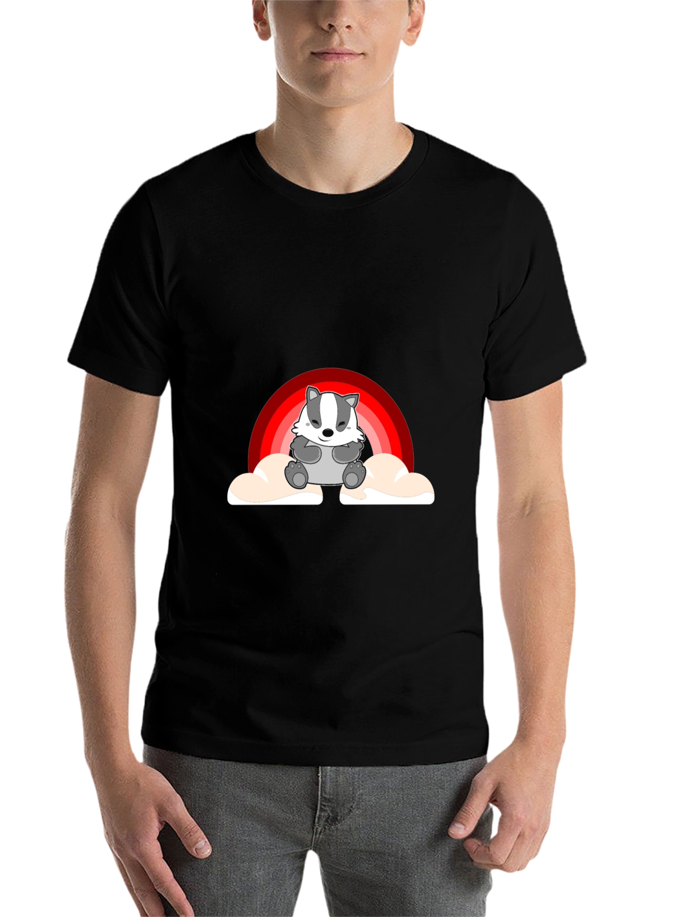Black Cute Badger Rainbow Cloud Graphic T-Shirt view 7