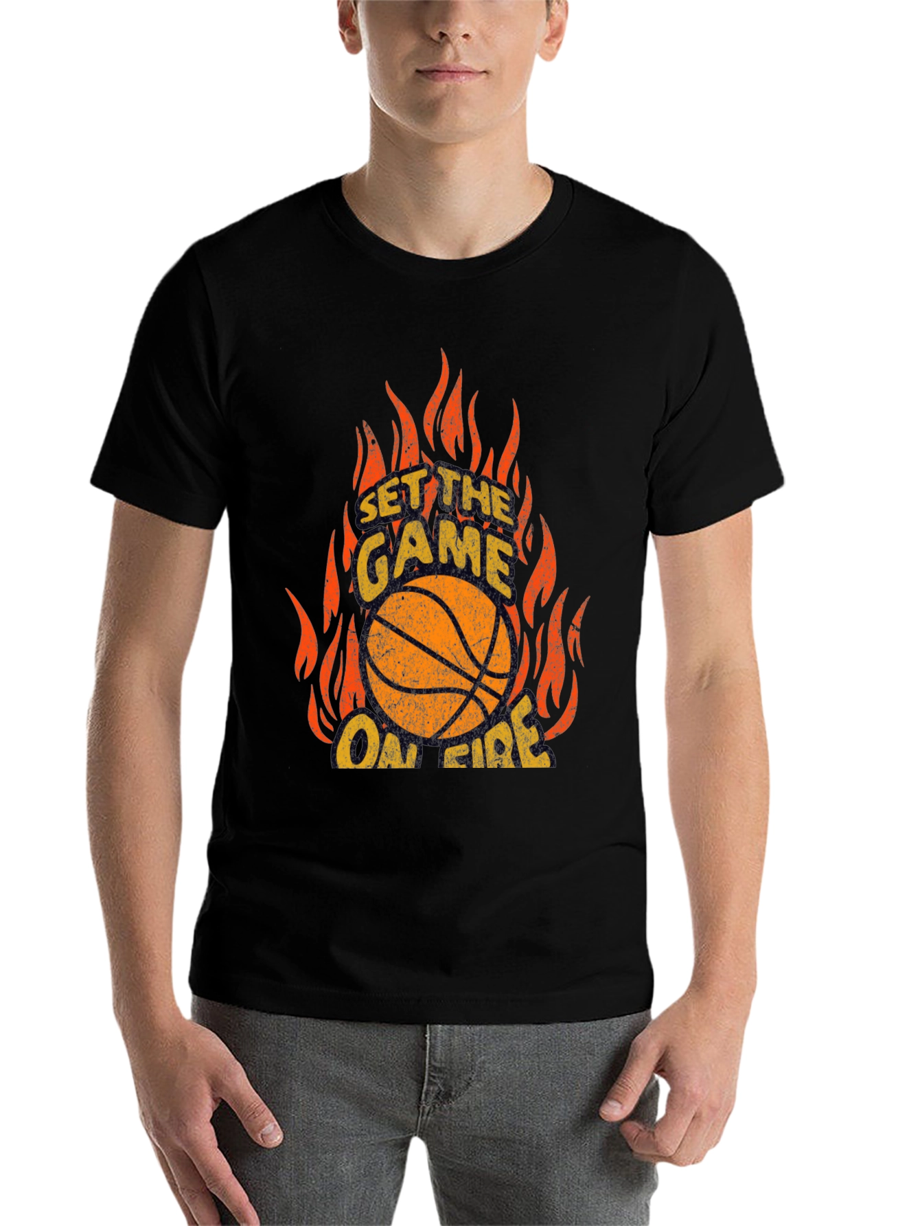 Black Set the Game On Fire Basketball Graphic Tee view 7