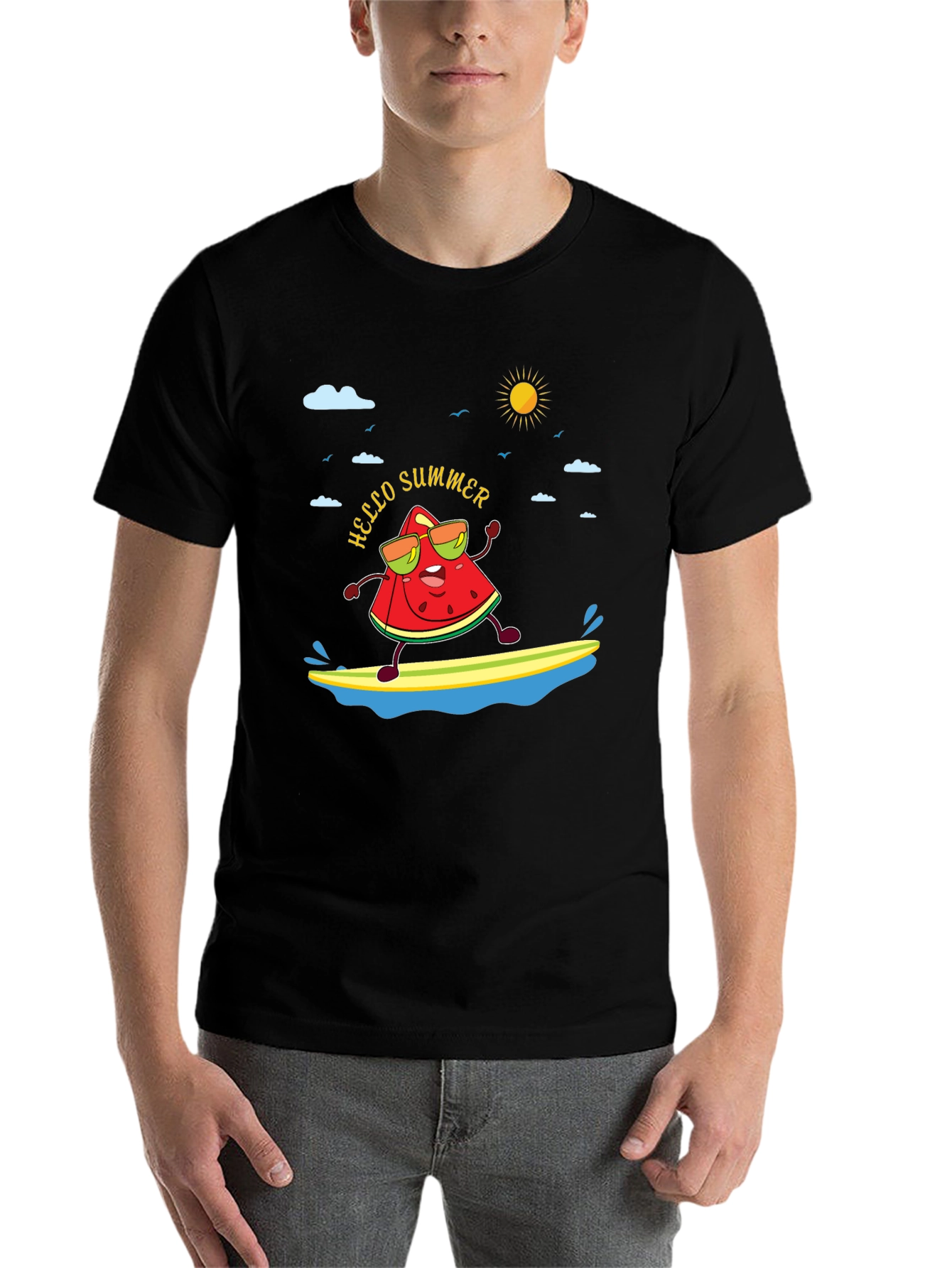 Black Hello Summer Watermelon Surfing T-Shirt view 7