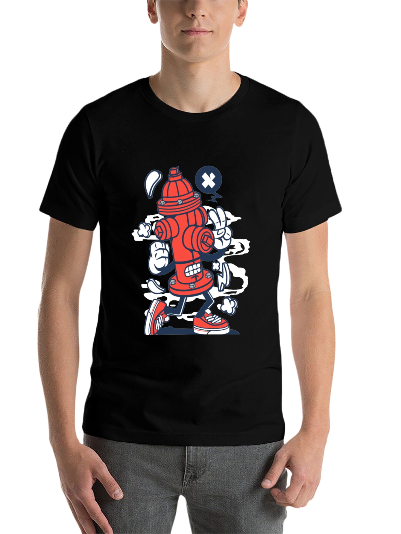 Black Cartoon Fire Hydrant Graphic Tee - Black Cotton Shirt view 7