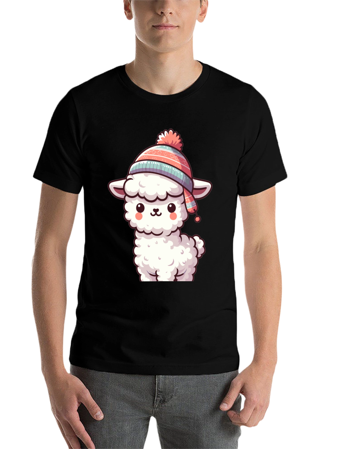 Black Cute Llama in Hat Graphic Tee view 7