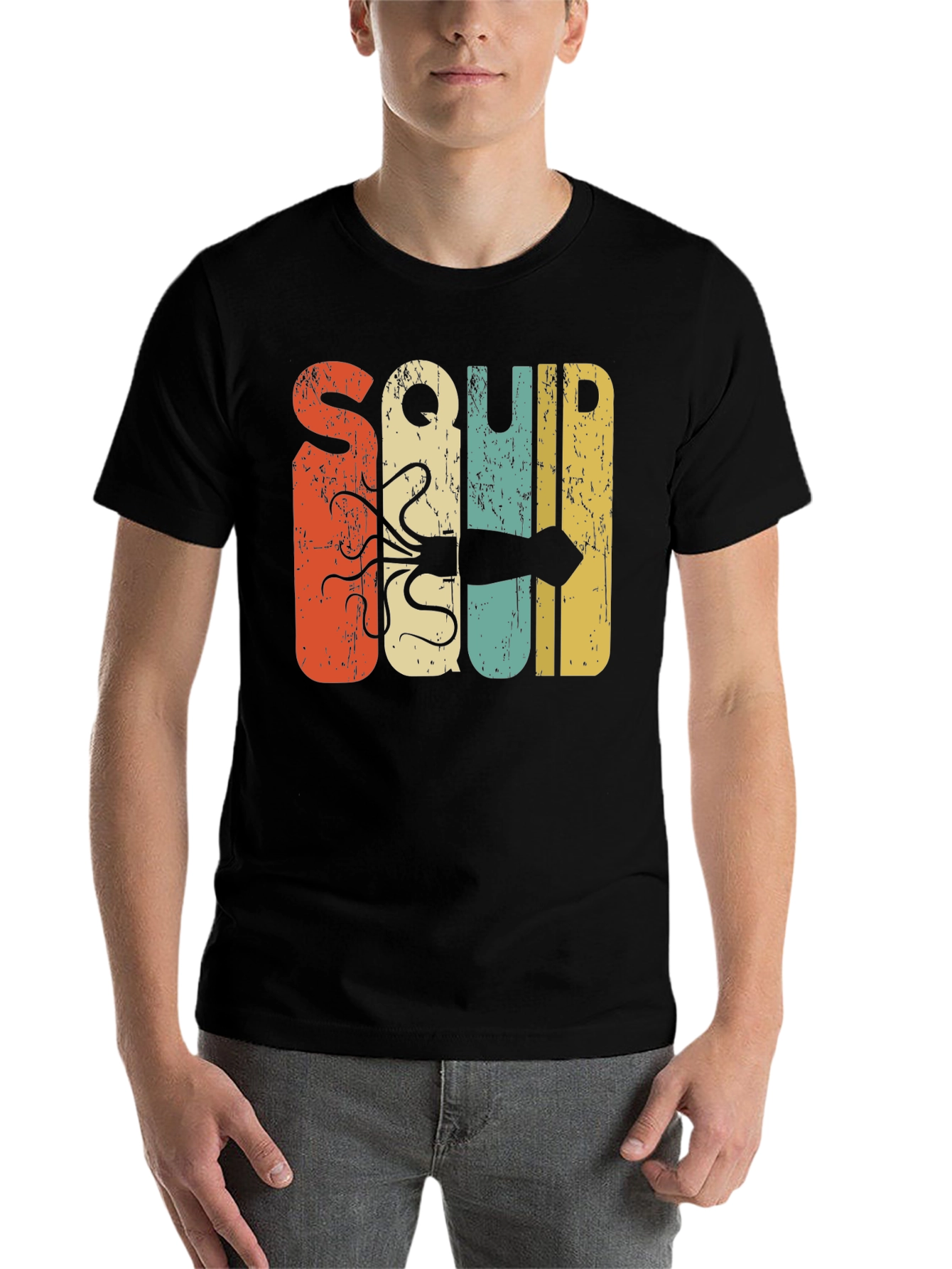 Black Retro Squid Graphic Tee - Black Cotton T-Shirt view 7