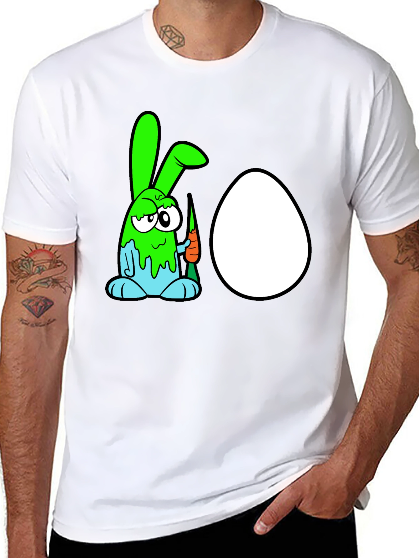 Black Funny Cartoon Bunny & Egg Graphic Black T-Shirt view 8