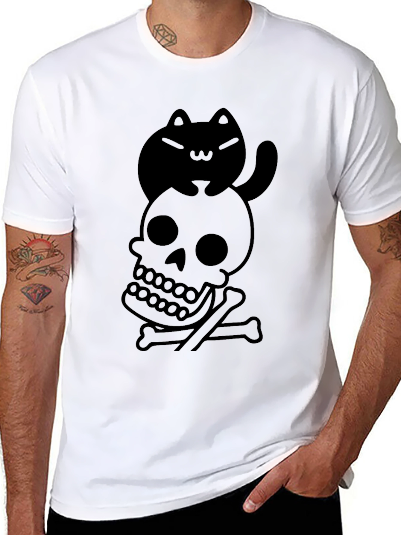 Black Skull and Cat Graphic Tee - Unisex Black T-Shirt view 8