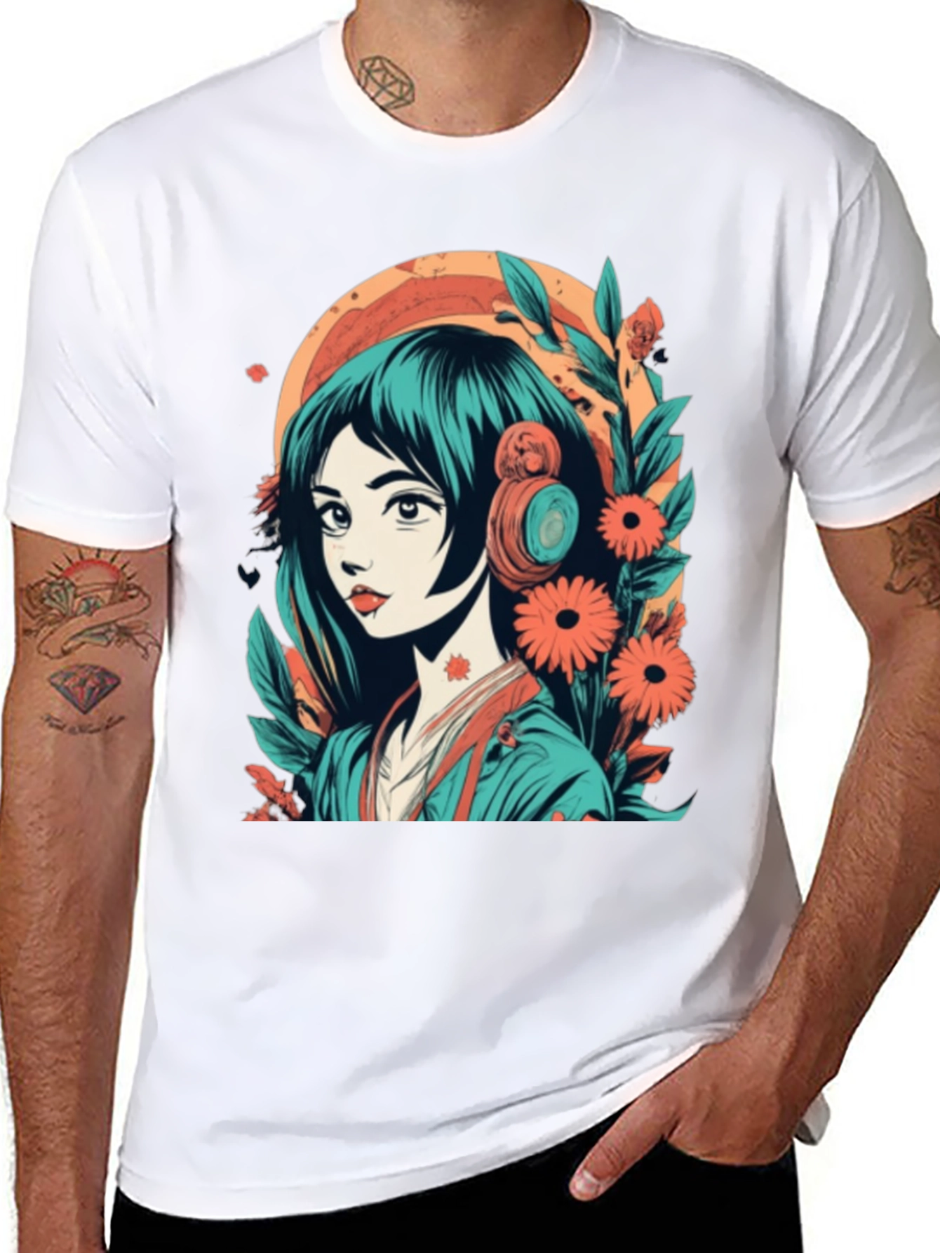 Black Anime Girl Graphic Tee - Floral & Headphones Design view 8