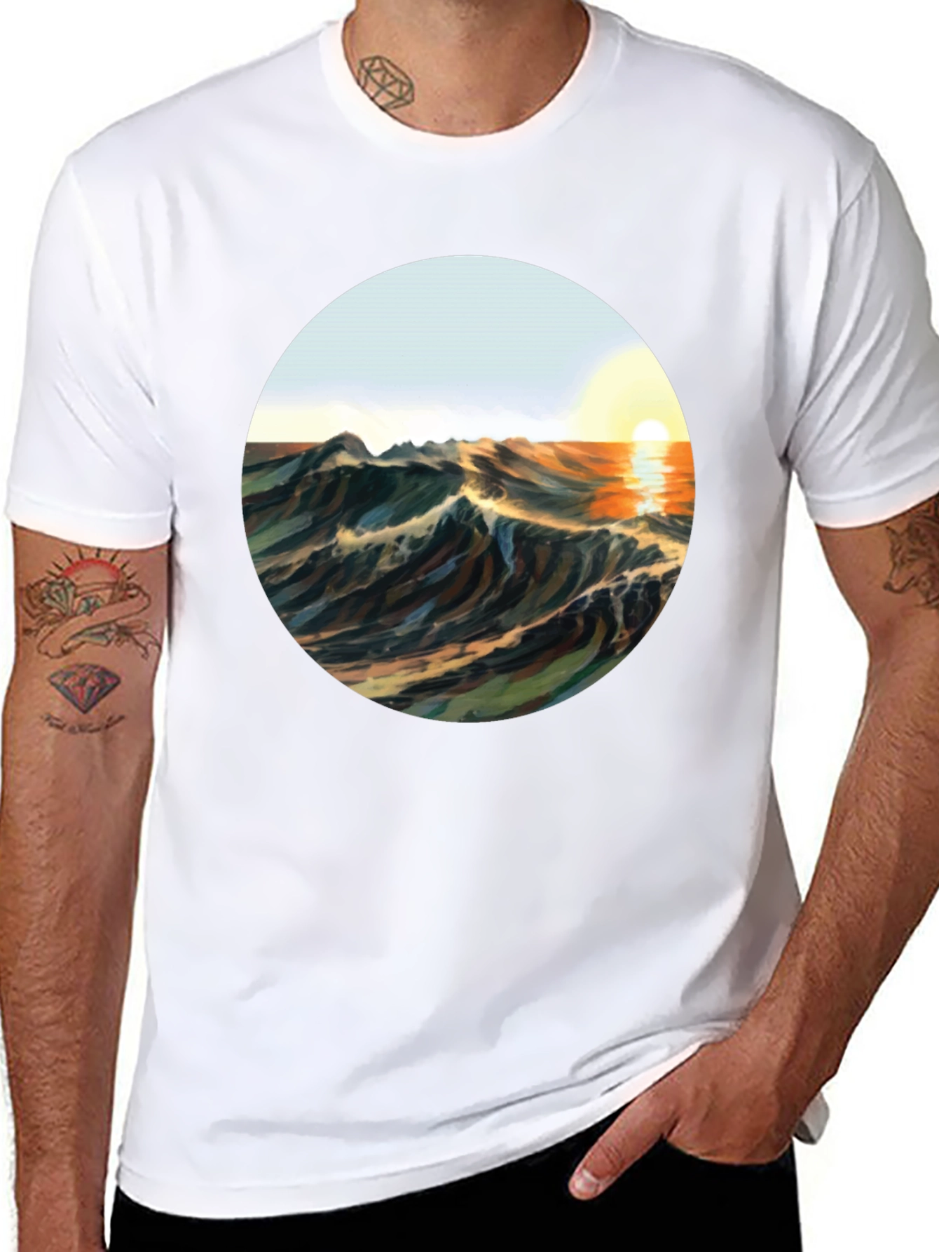 Black Sunrise Waves Graphic Tee - Black Cotton Blend view 8