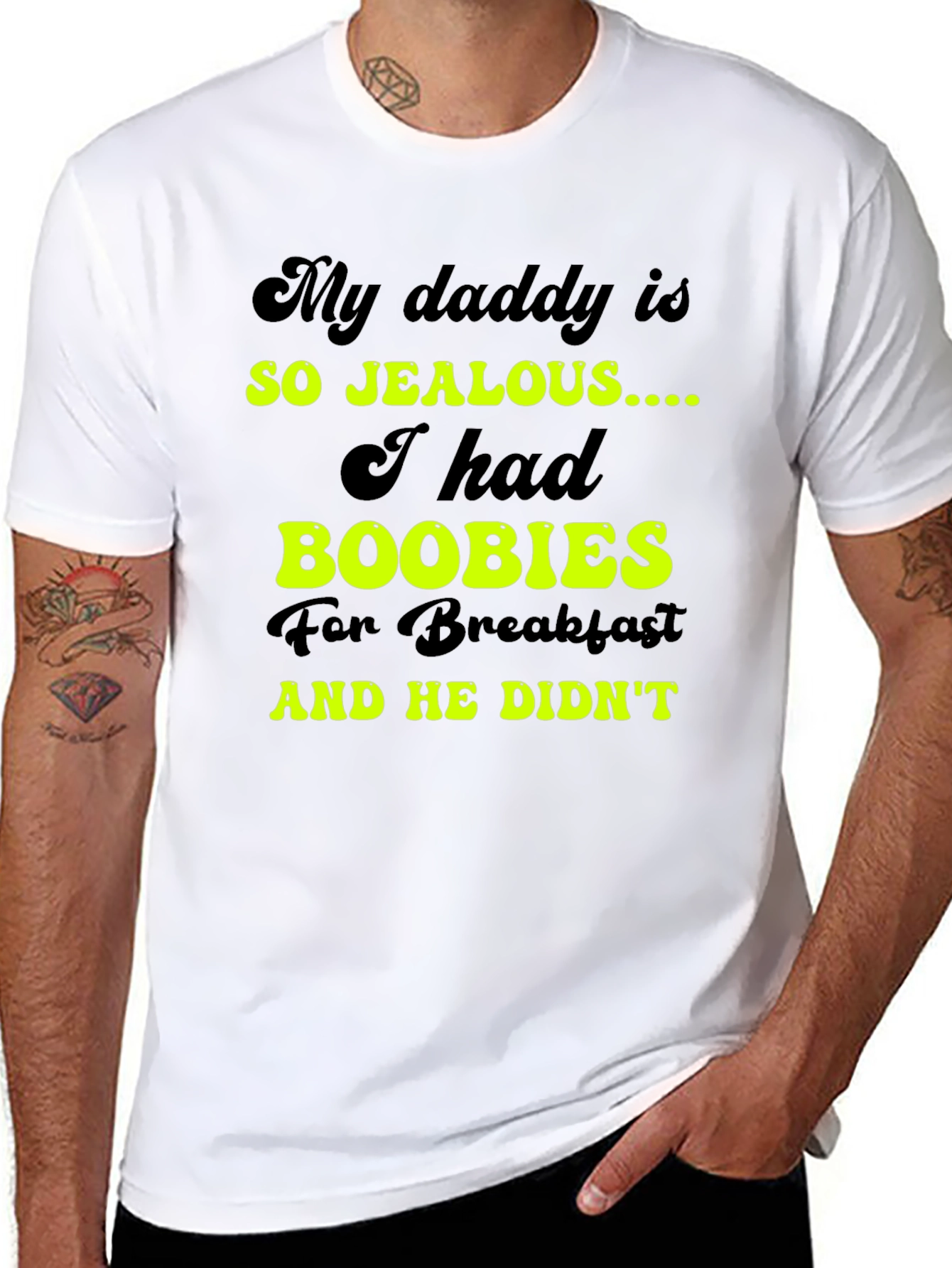 Black Jealous Daddy Boobies for Breakfast Black T-Shirt view 8