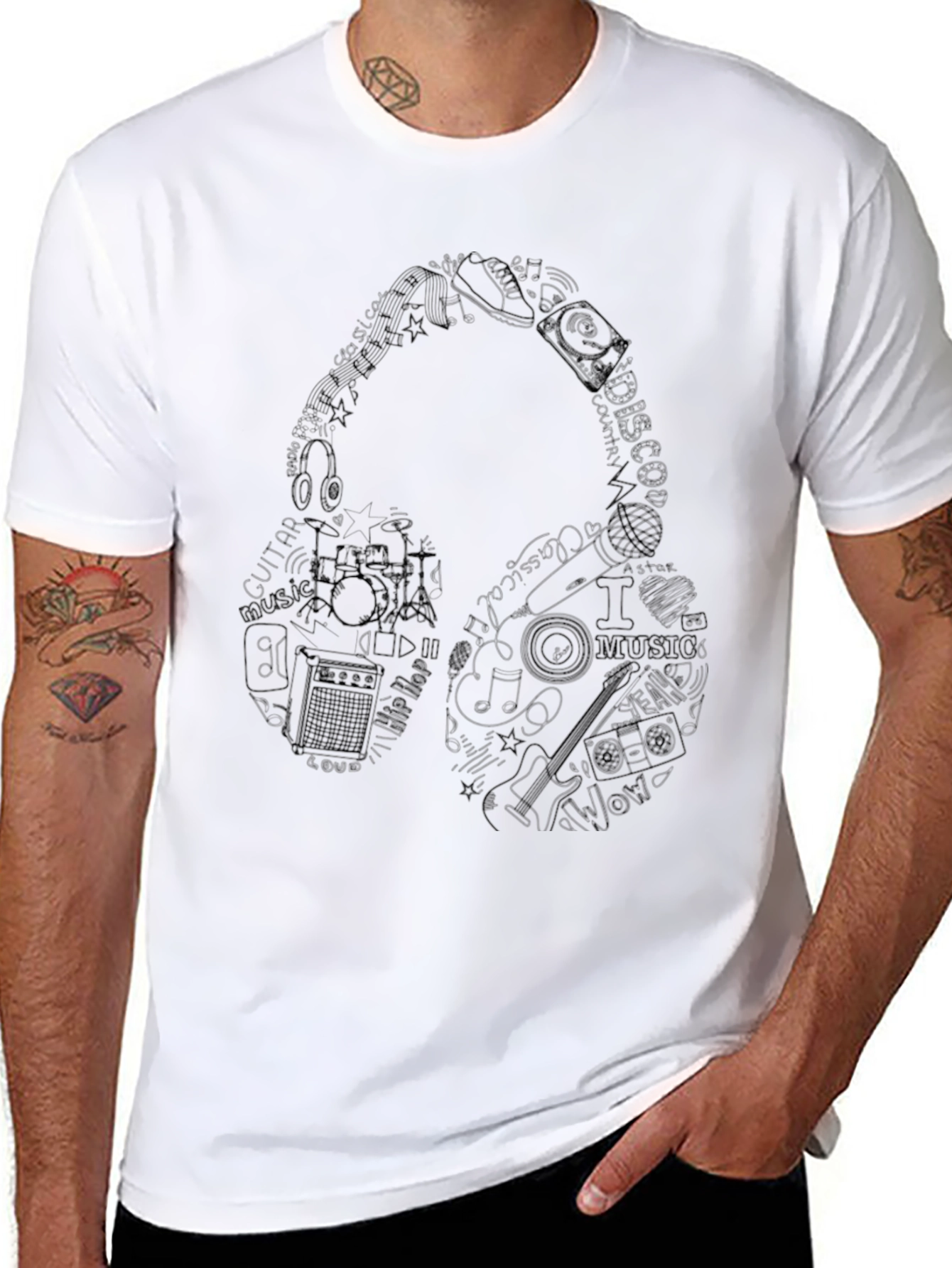 Black Music Headphone Graphic Print T-Shirt view 8