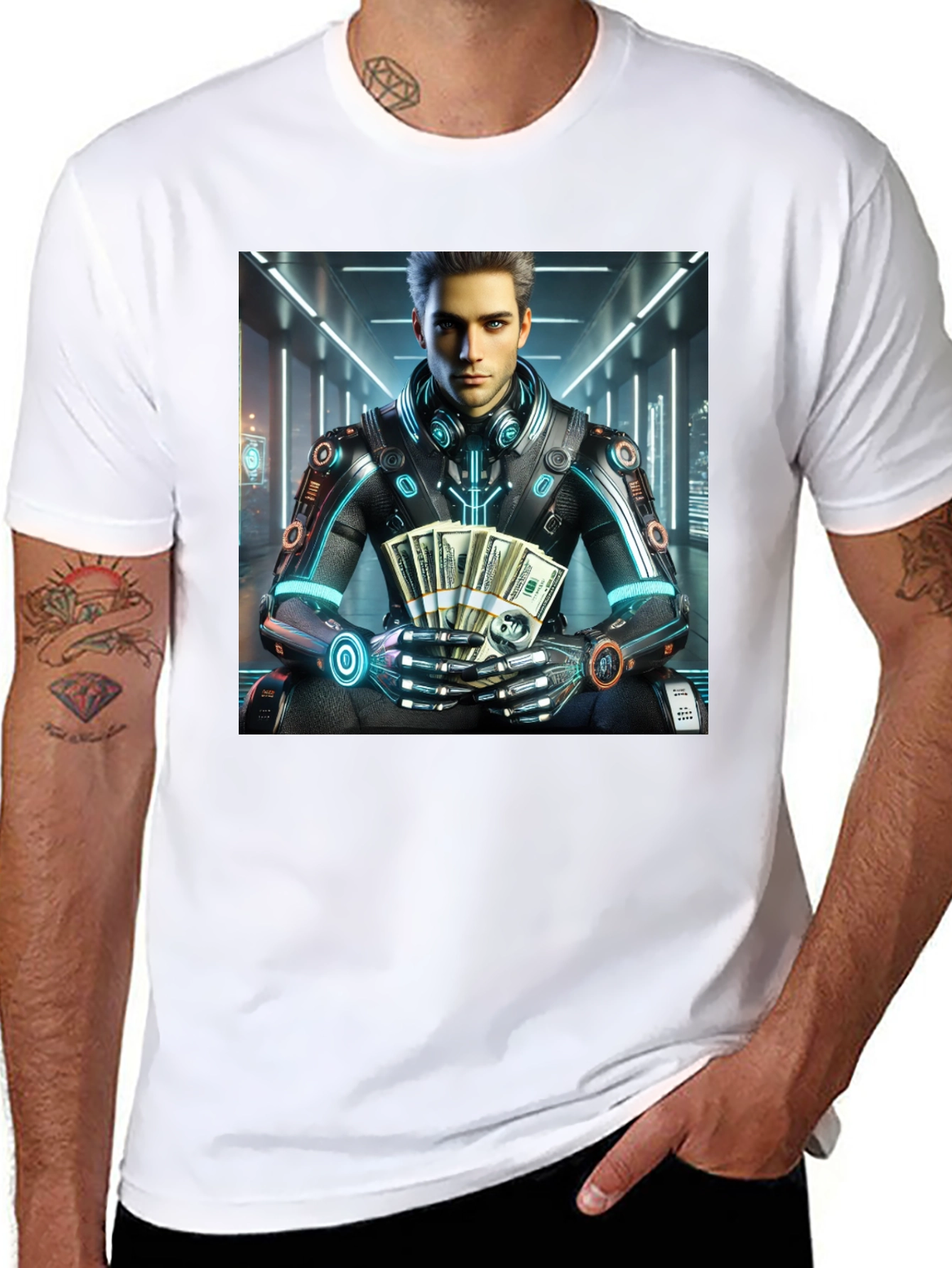 Black Cyberpunk Rich Guy T-Shirt - Futuristic Style view 8