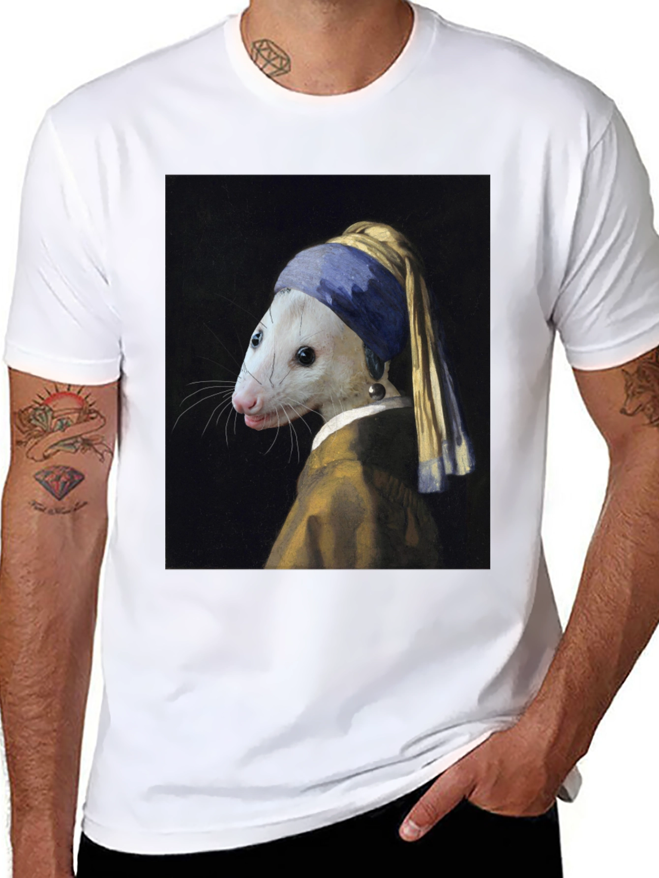 Black Opossum with Pearl Earring T-Shirt - Funny Art Tee view 8
