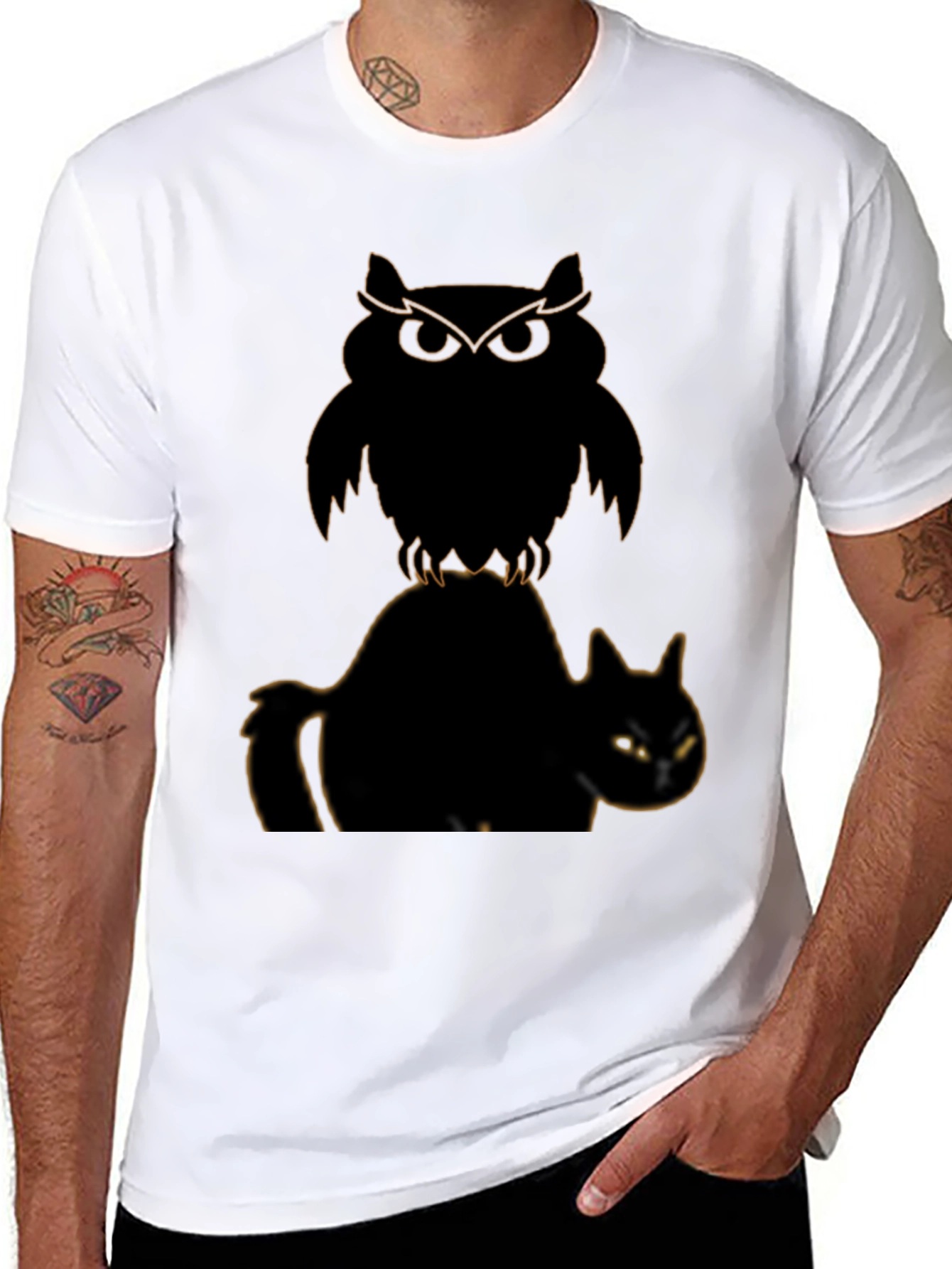 Black Owl and Cat Graphic T-Shirt view 8