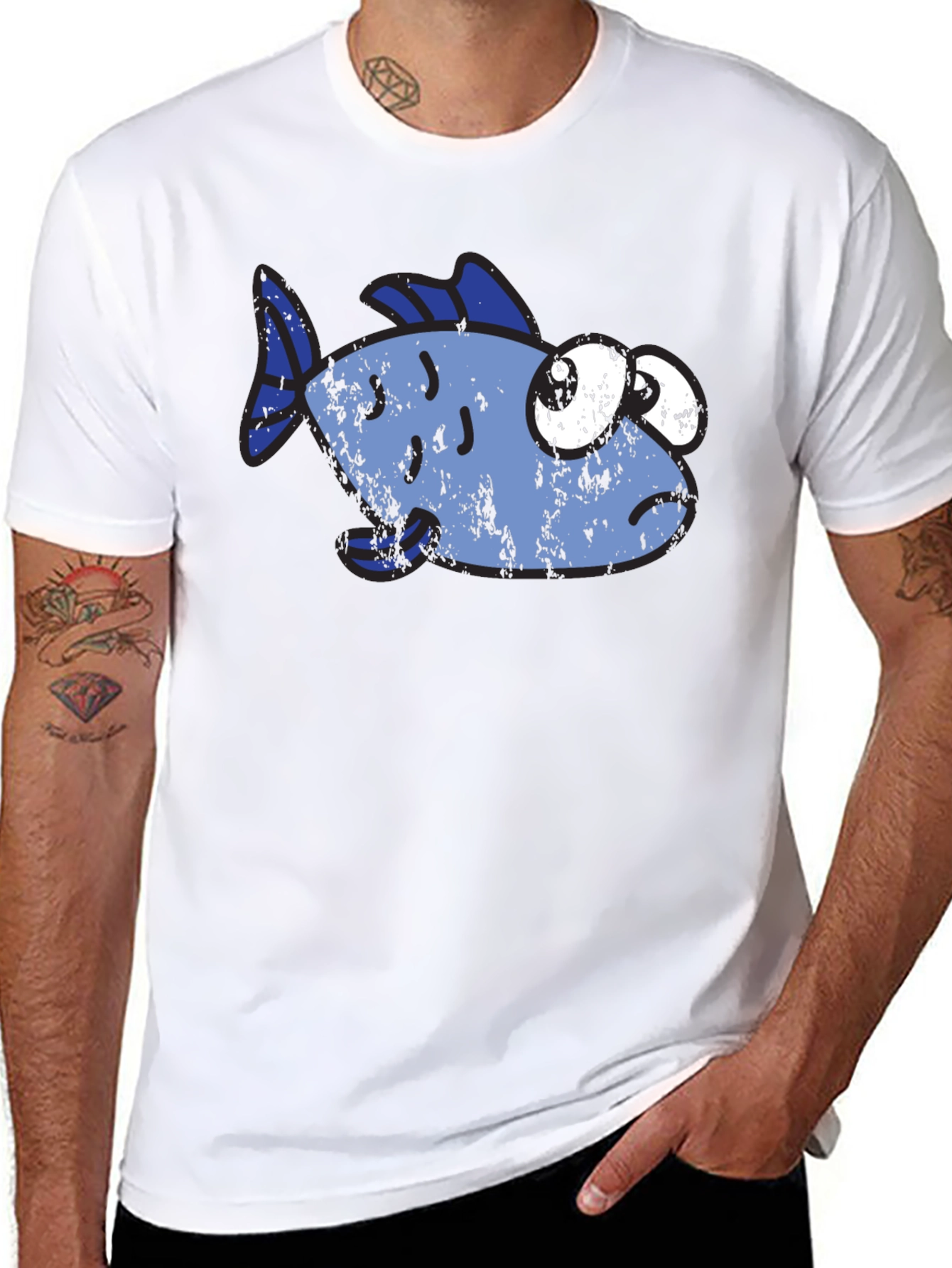 Black Funny Distressed Cartoon Fish Graphic T-Shirt view 8