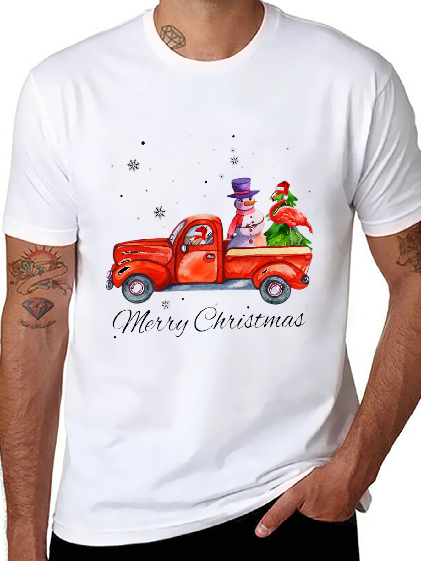 Black Christmas Truck T-Shirt with Snowman & Flamingo view 8