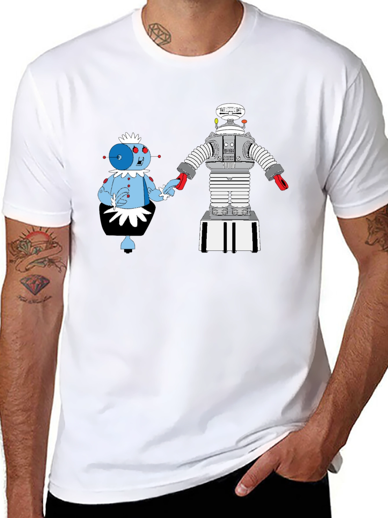 Black Robot Romance Graphic Tee - Black Cotton T-Shirt view 8
