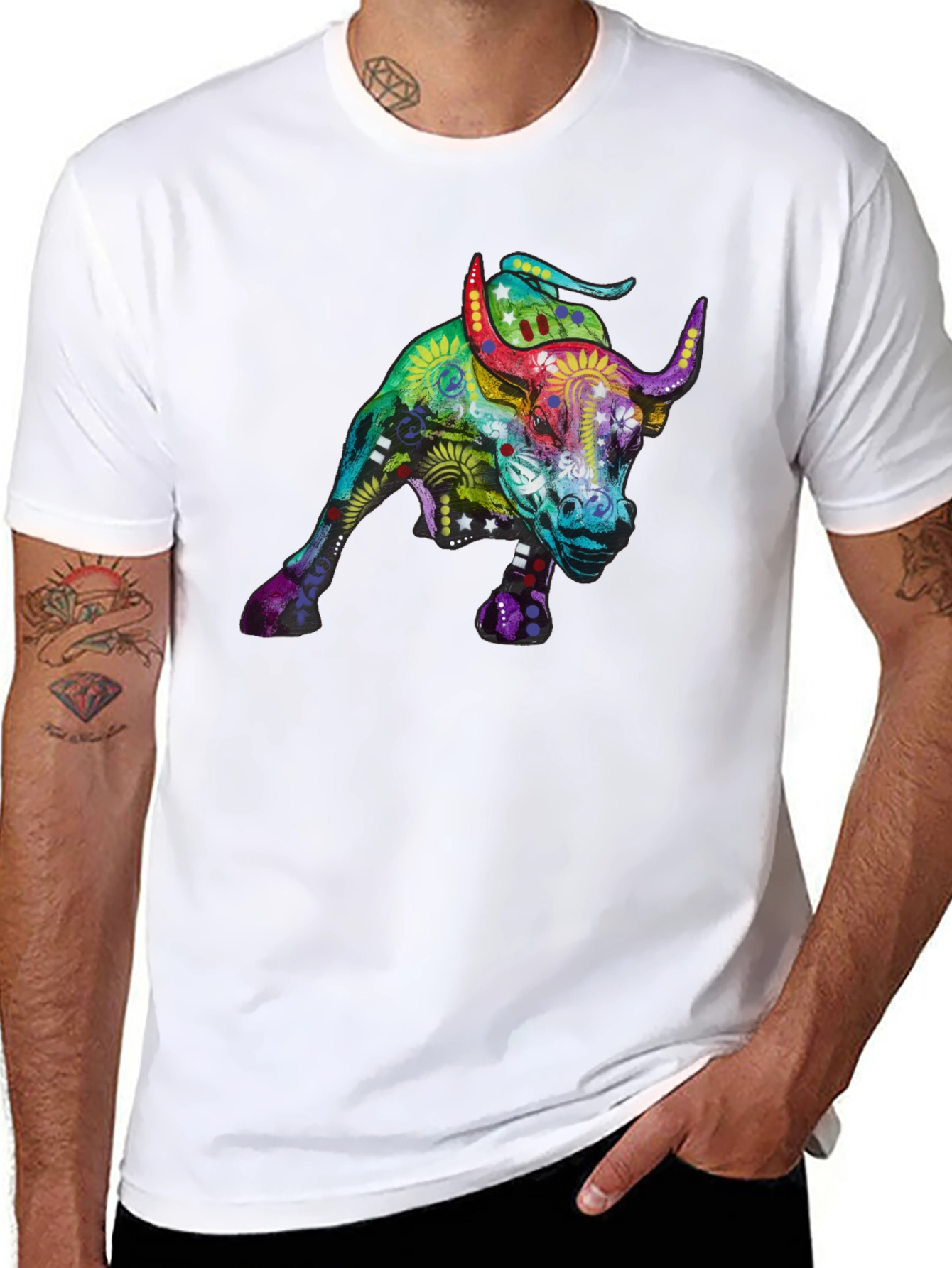 Black Colorful Bull Graphic Print Black T-Shirt view 8