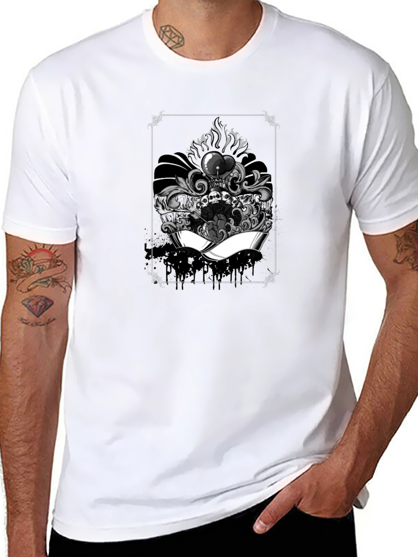 Black Skull Heart Graphic Tee - Black Cotton T-Shirt view 8