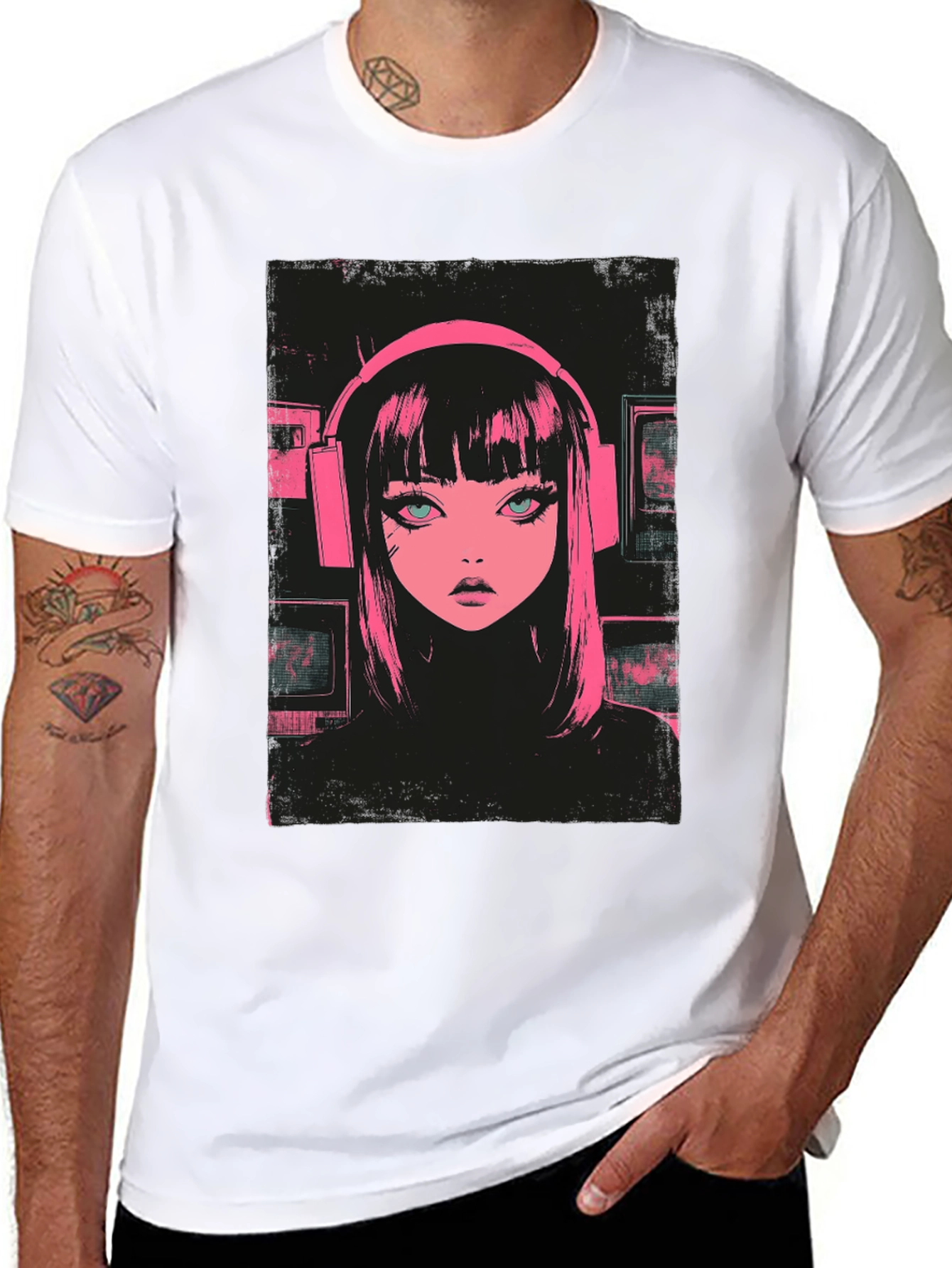 Black Anime Girl Pink Headphones Black T-Shirt view 8