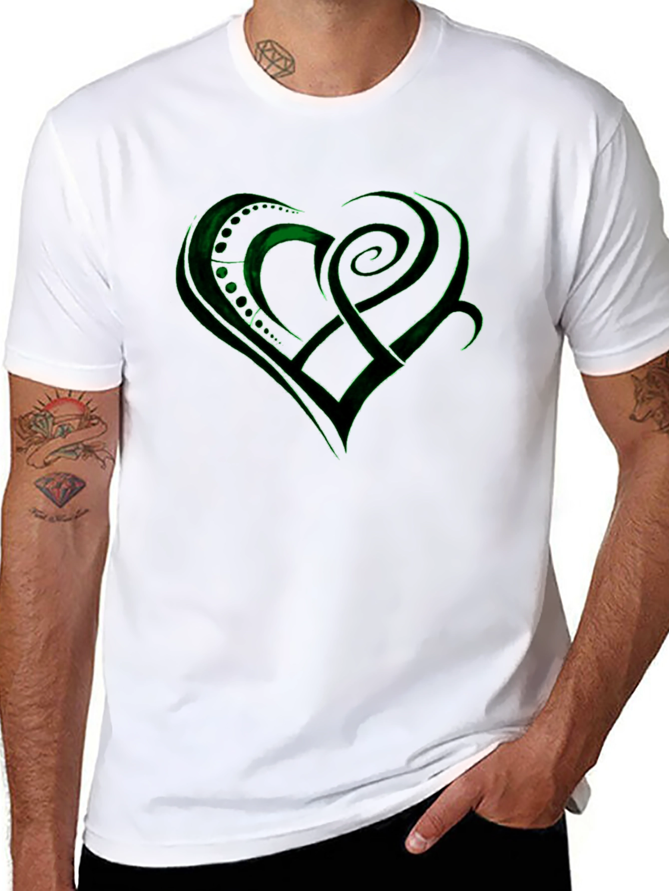 Green Celtic Heart Design Black T-Shirt - 8