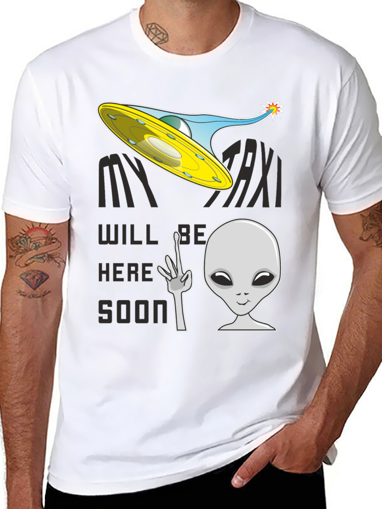 Black Alien Taxi Graphic T-Shirt - My Taxi Will Be Here Soon view 8