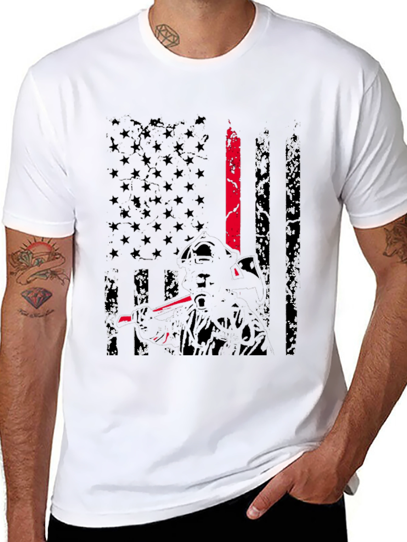 Black Thin Red Line Firefighter Flag T-Shirt view 8