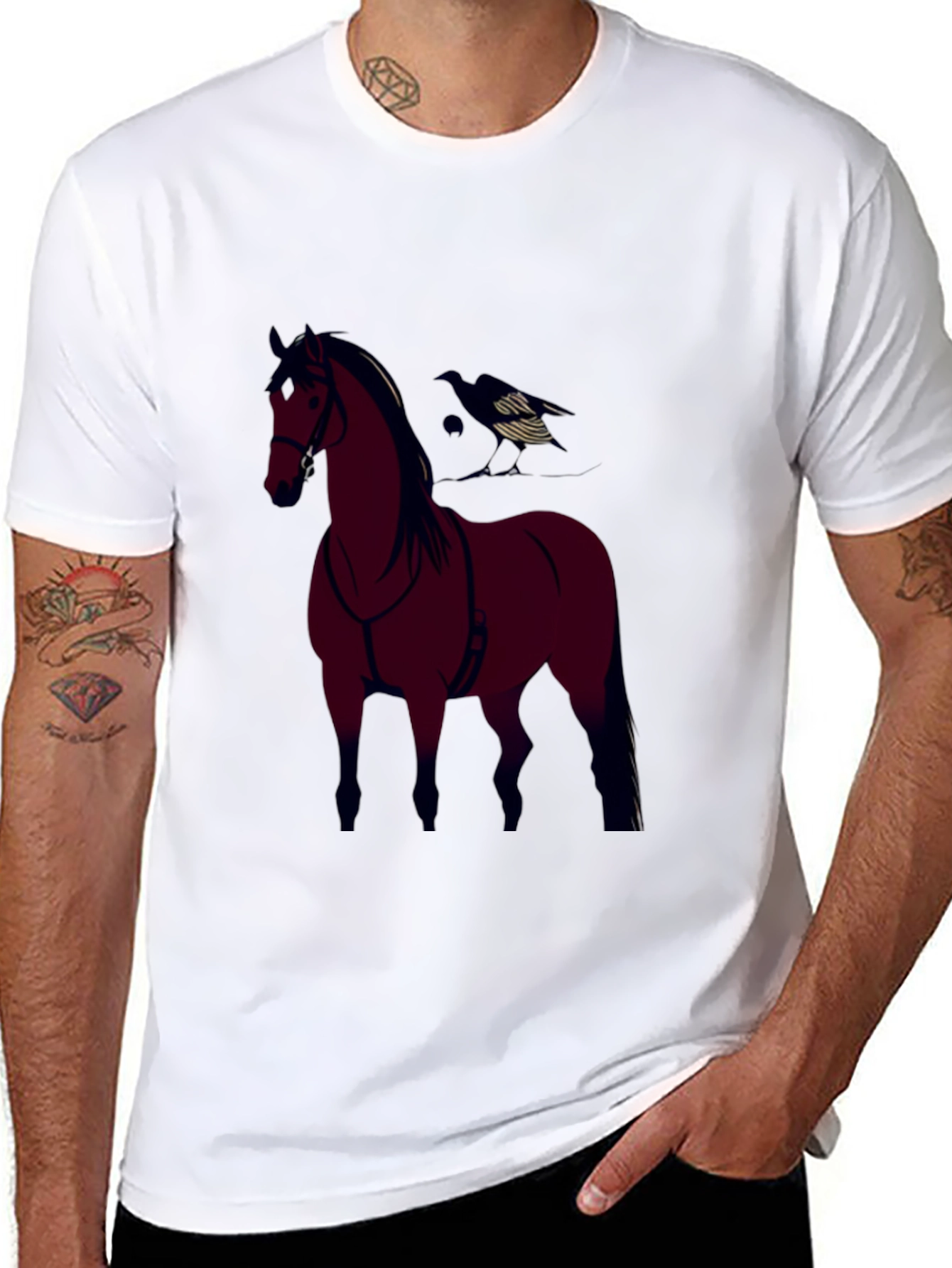 Black Horse and Crow Graphic Tee - Black Cotton Blend view 8