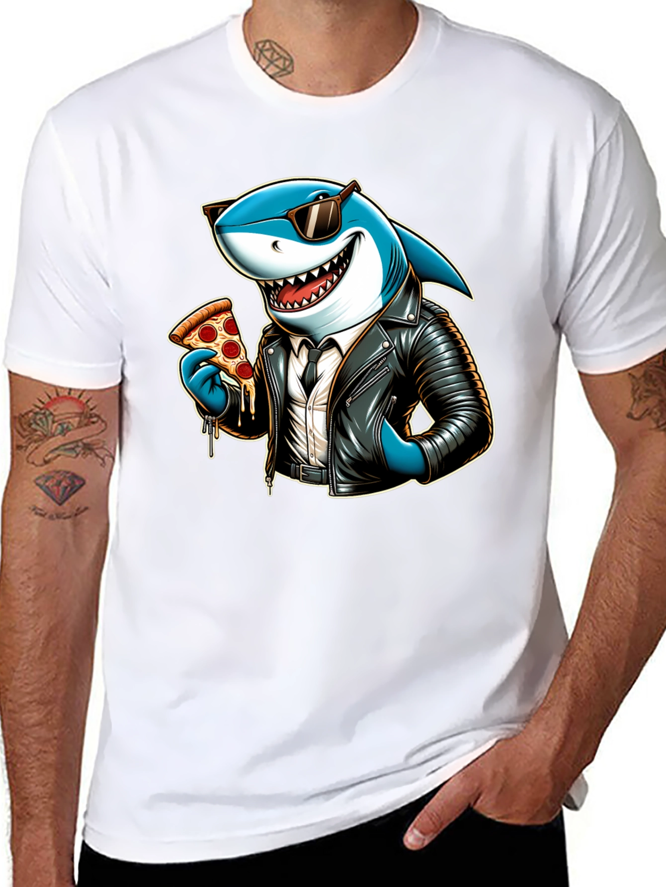 Black Cool Shark Pizza Graphic Tee view 8
