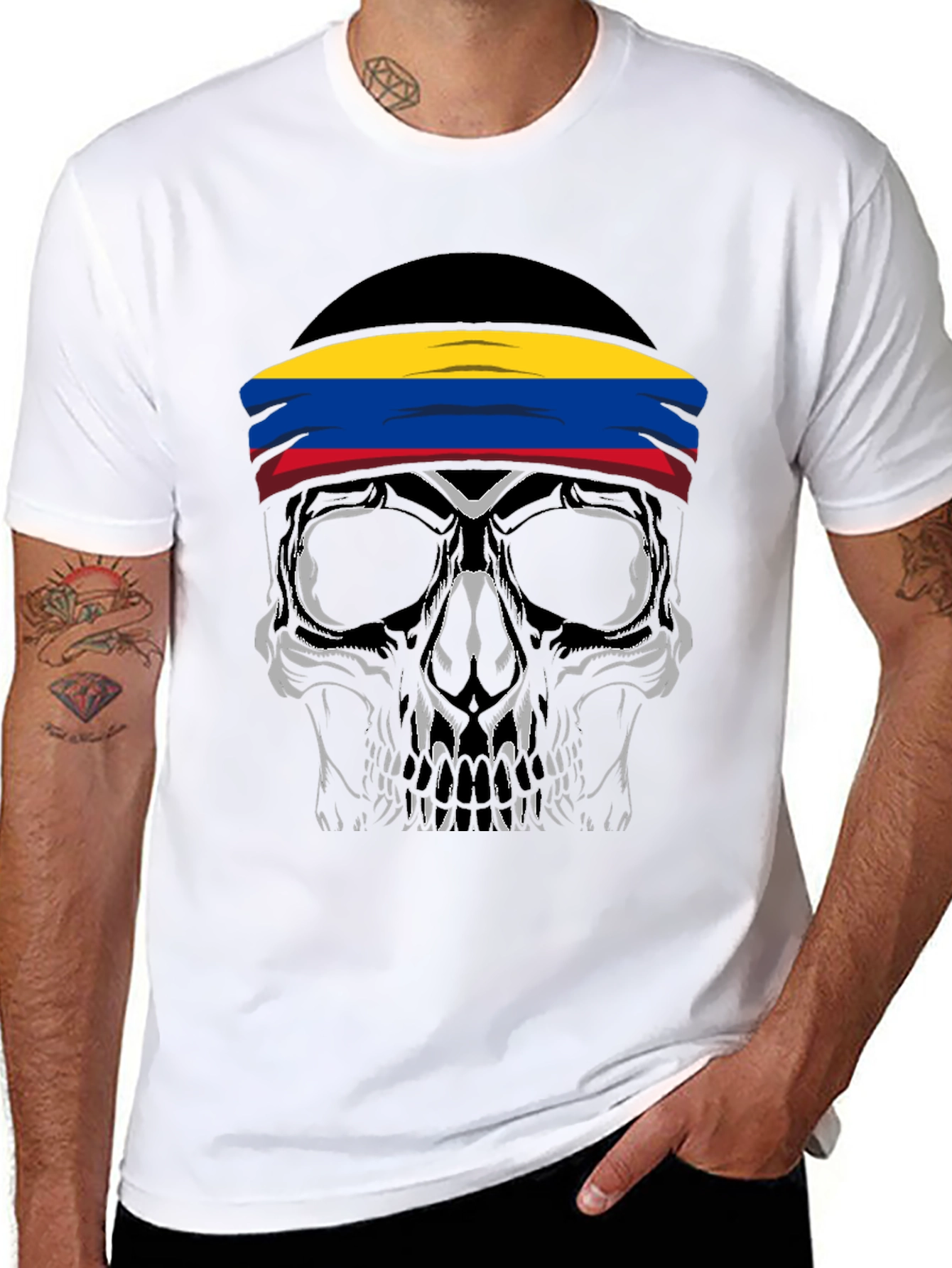 Black Skull T-Shirt with Colombia Flag Headband view 8