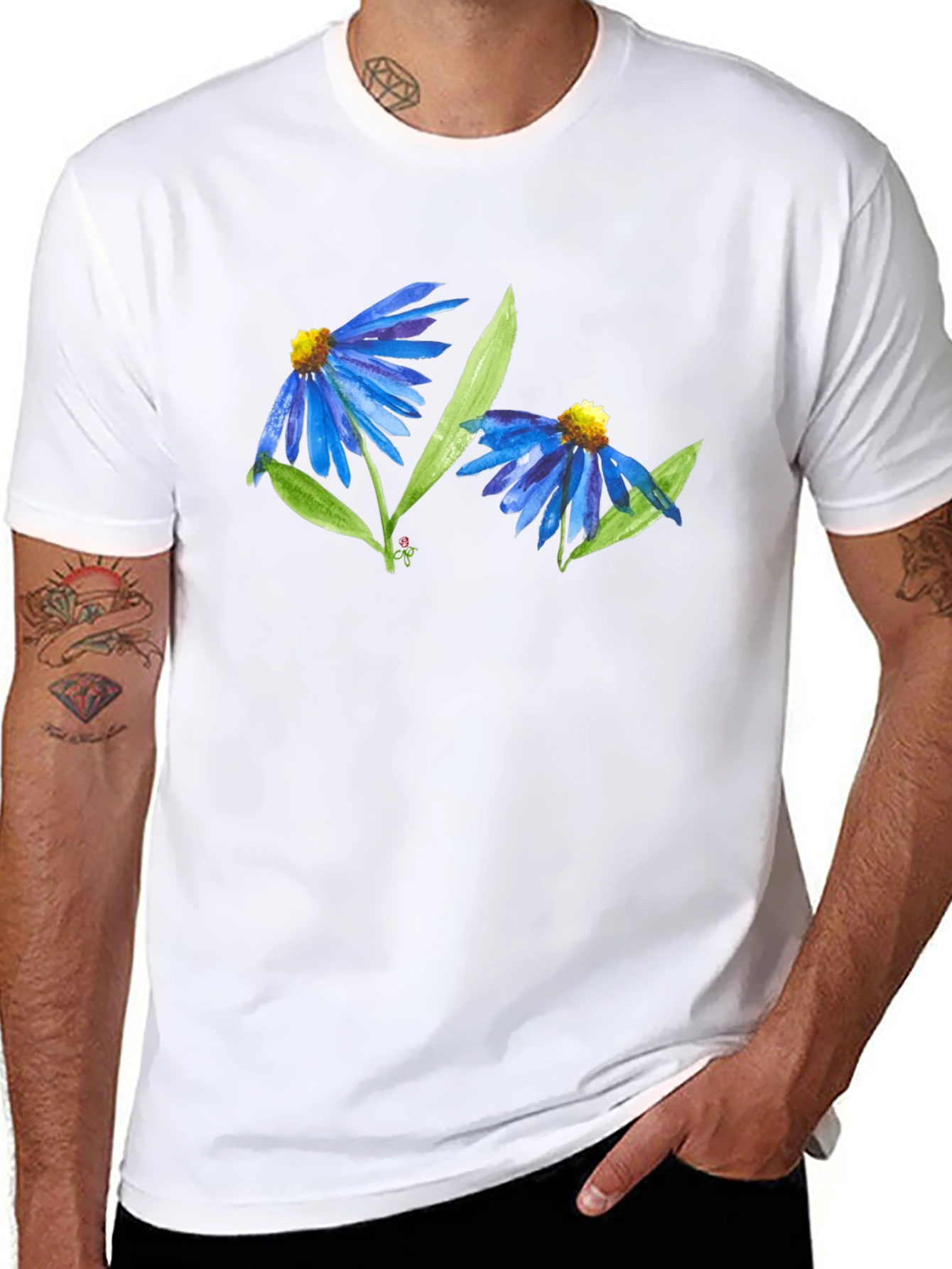 Black Blue Flower Graphic T-Shirt - Soft Cotton Blend view 8