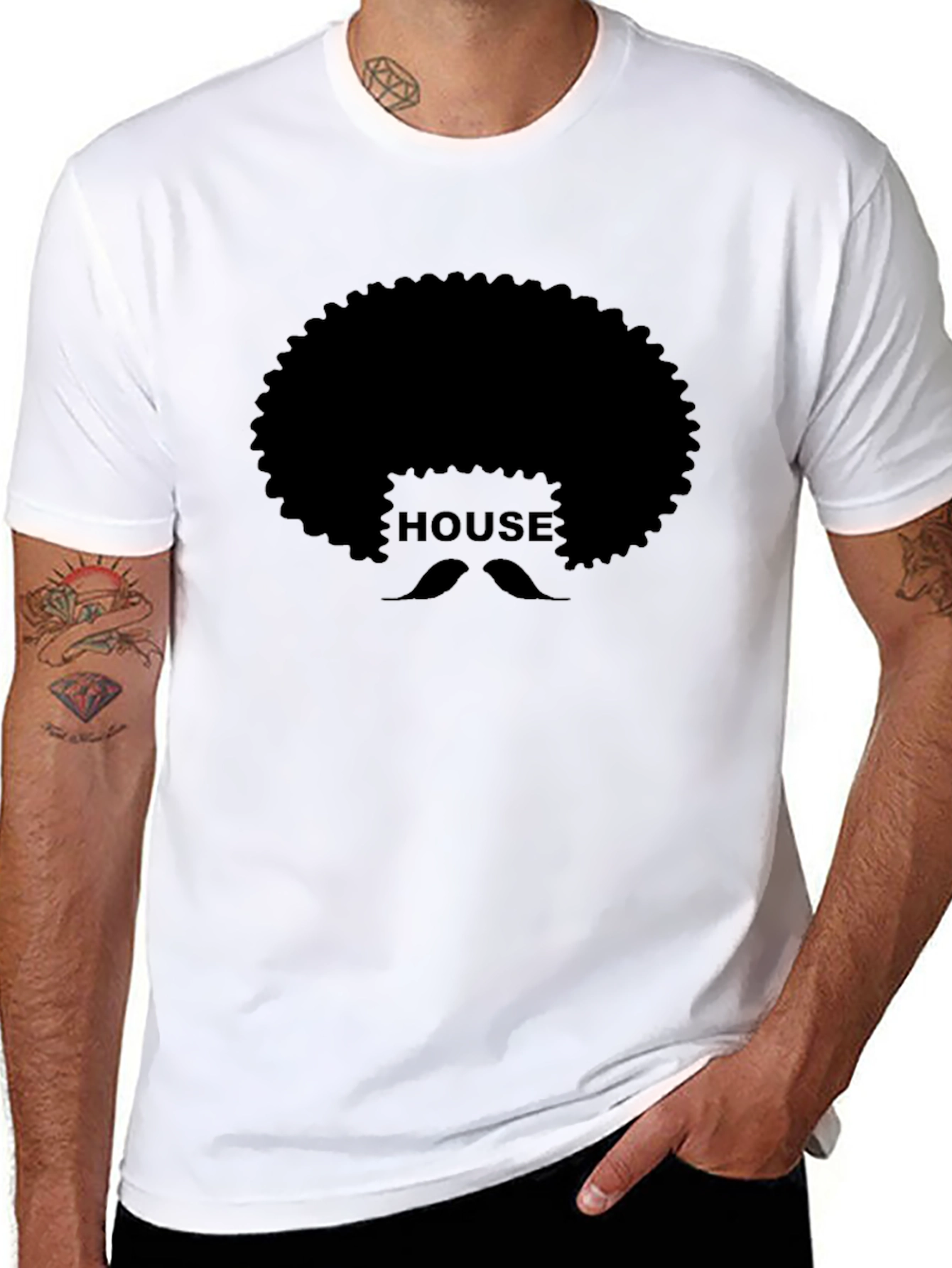 Black House Afro Mustache Graphic Tee - Black Cotton T-Shirt view 8