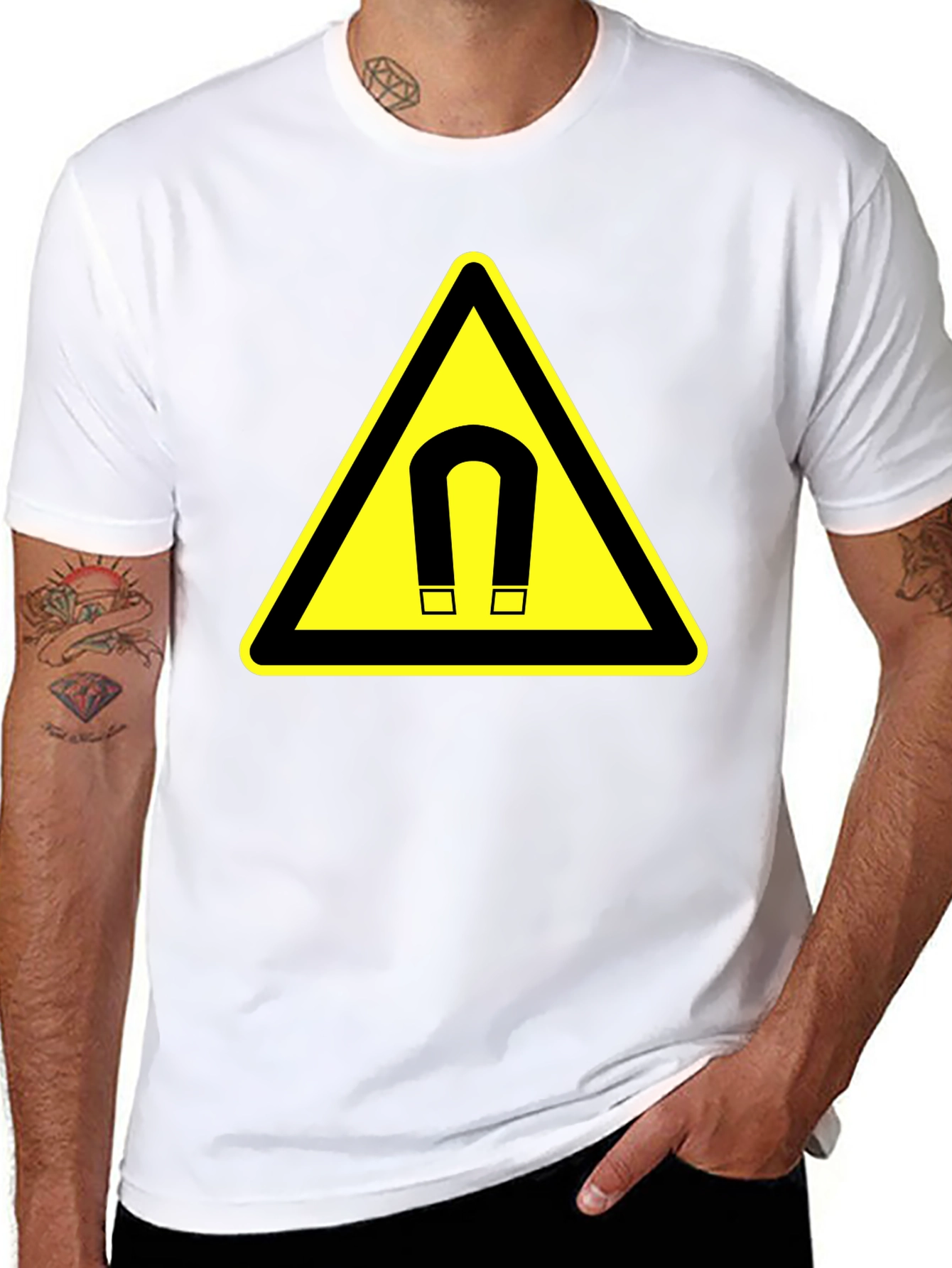 Magnet Warning Sign Graphic T-Shirt - Black Cotton Tee - 8