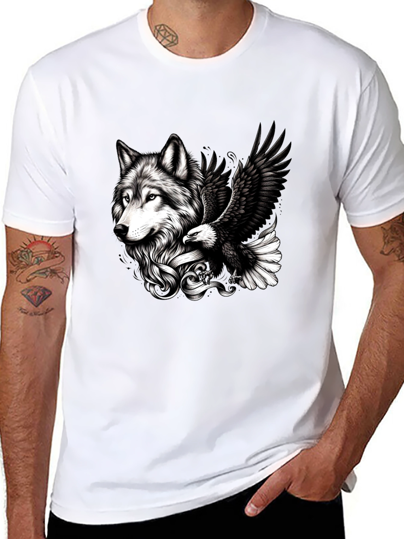 Black Wolf & Eagle Graphic Tee - Black Cotton Blend view 8