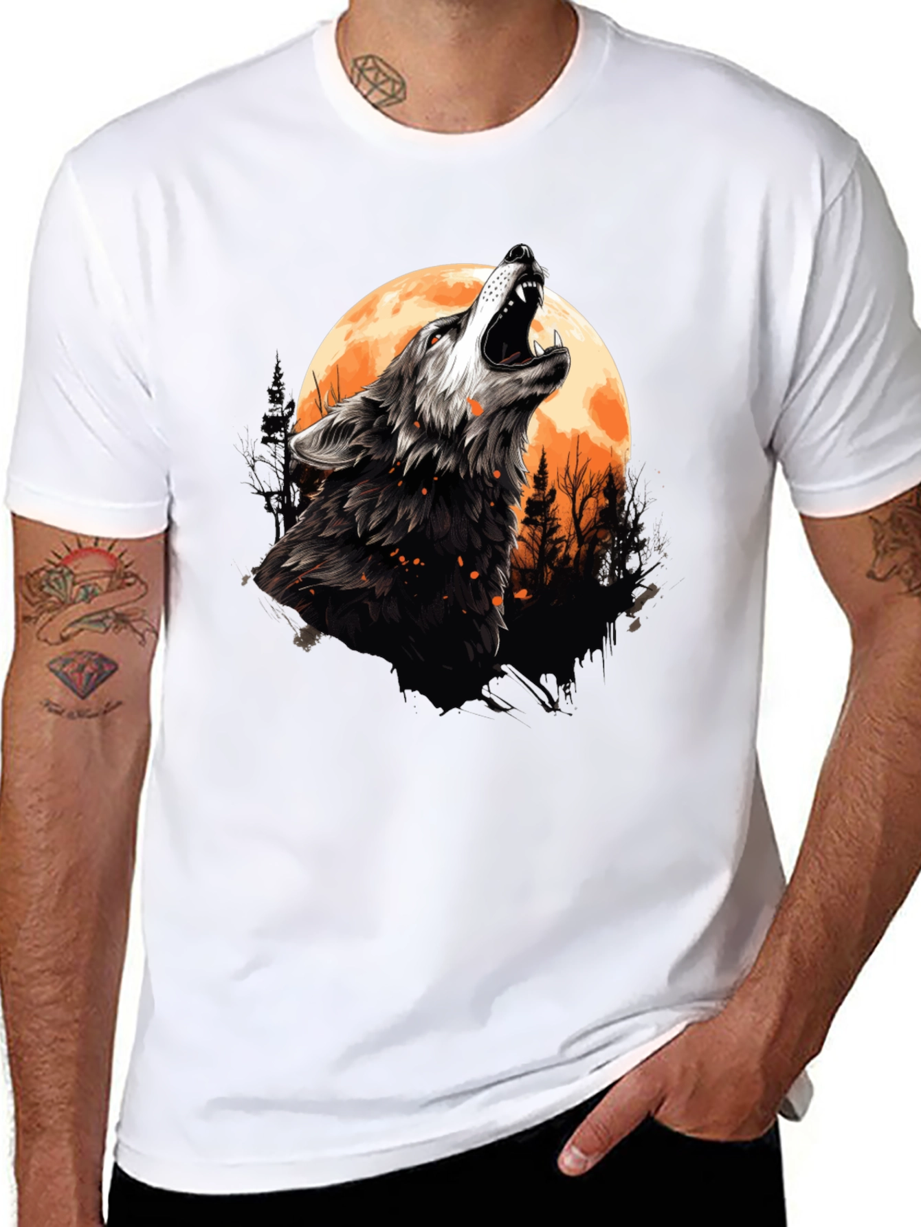 Black Wolf Howling at Moon Graphic Tee - Black Cotton view 8