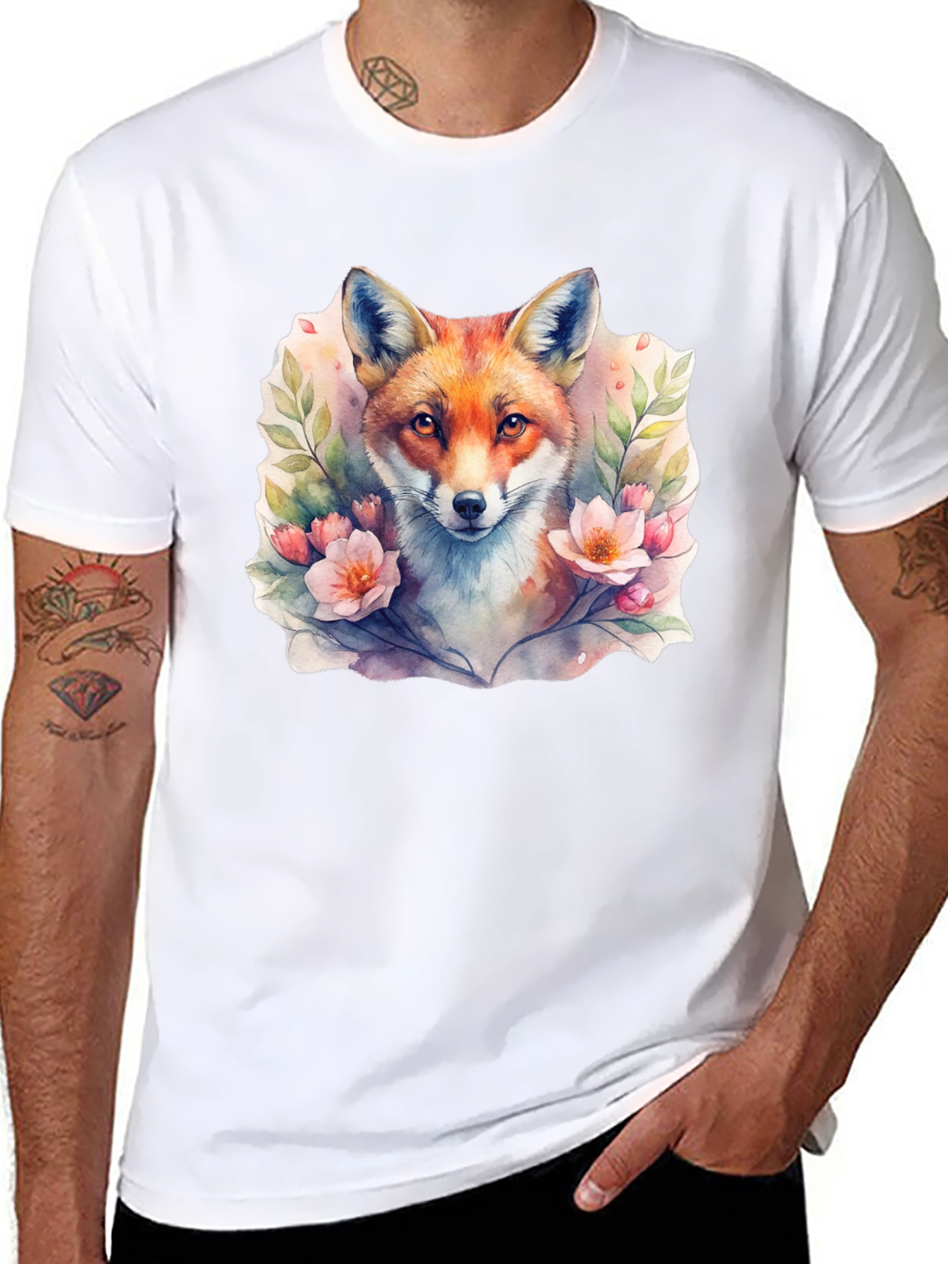 Black Fox Floral Watercolor Graphic Tee - Unisex Black T-Shirt view 8
