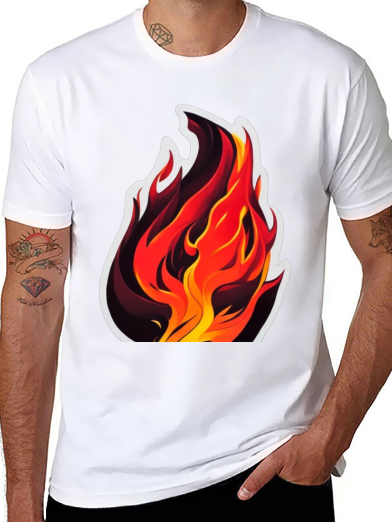 Black Fiery Flames Graphic Tee - Bold Black Cotton T-Shirt view 8
