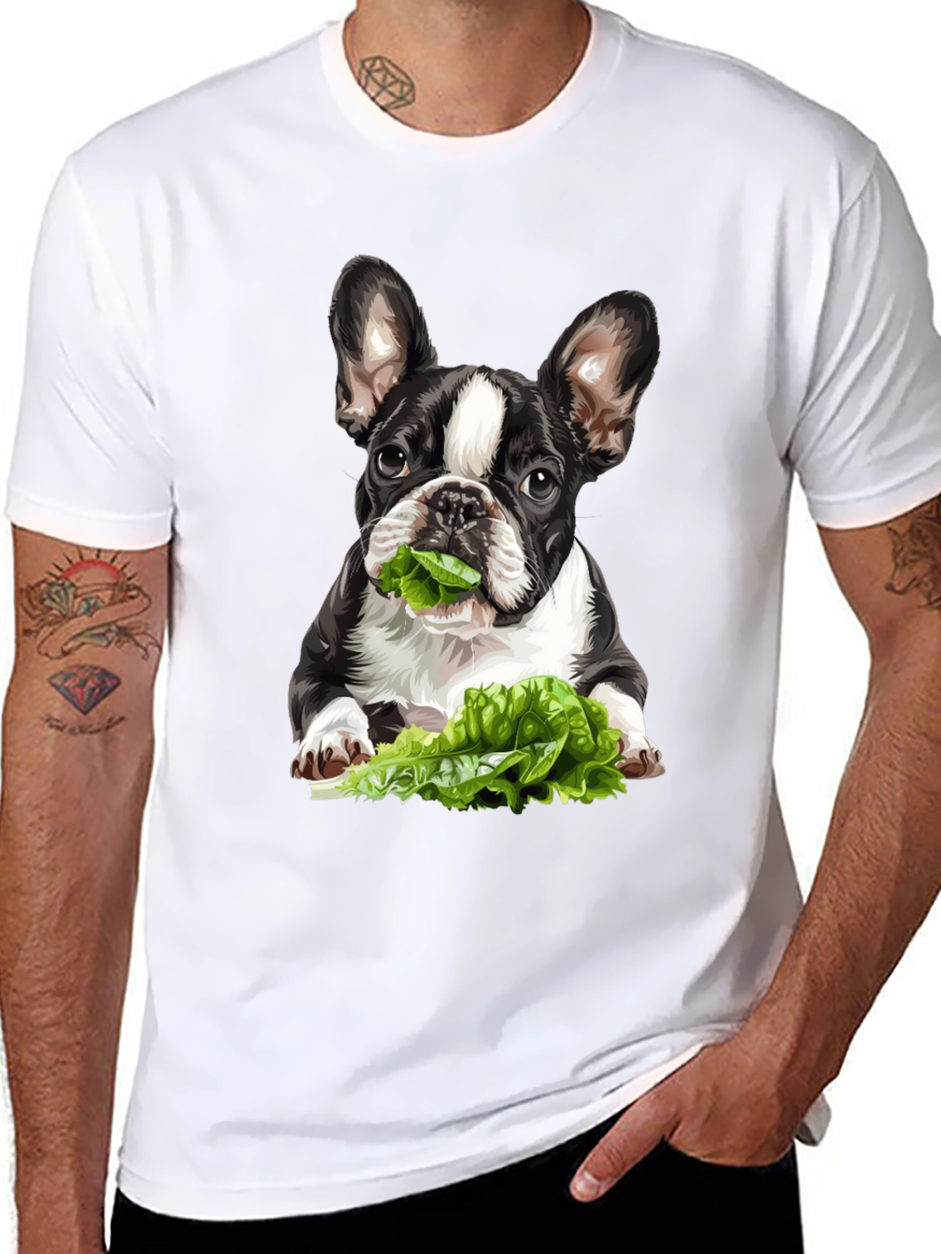 Black Dog Eating Lettuce Graphic Tee - Casual Cotton T-Shirt view 8