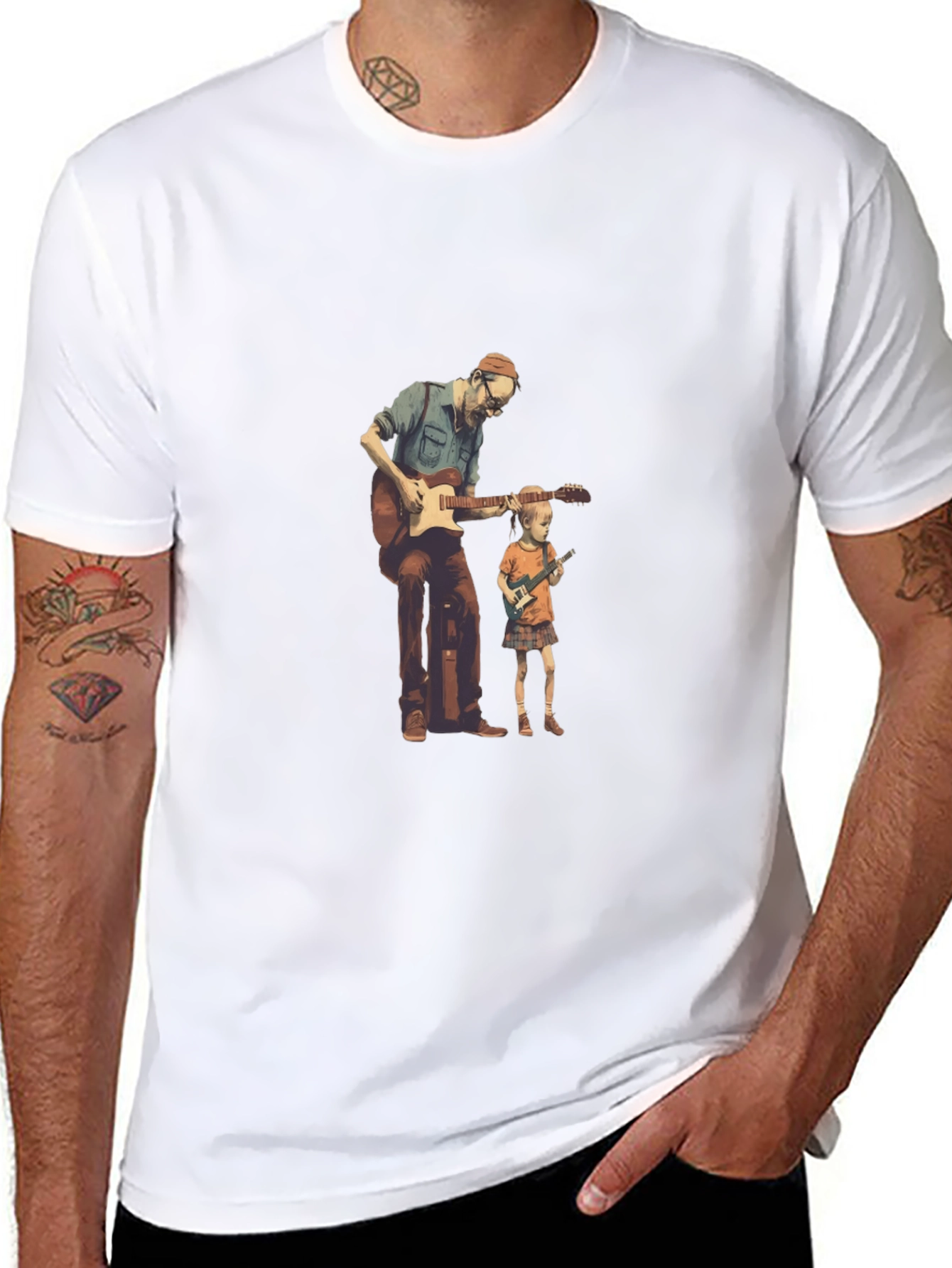 Black Guitarist Dad and Kid Black T-Shirt view 8
