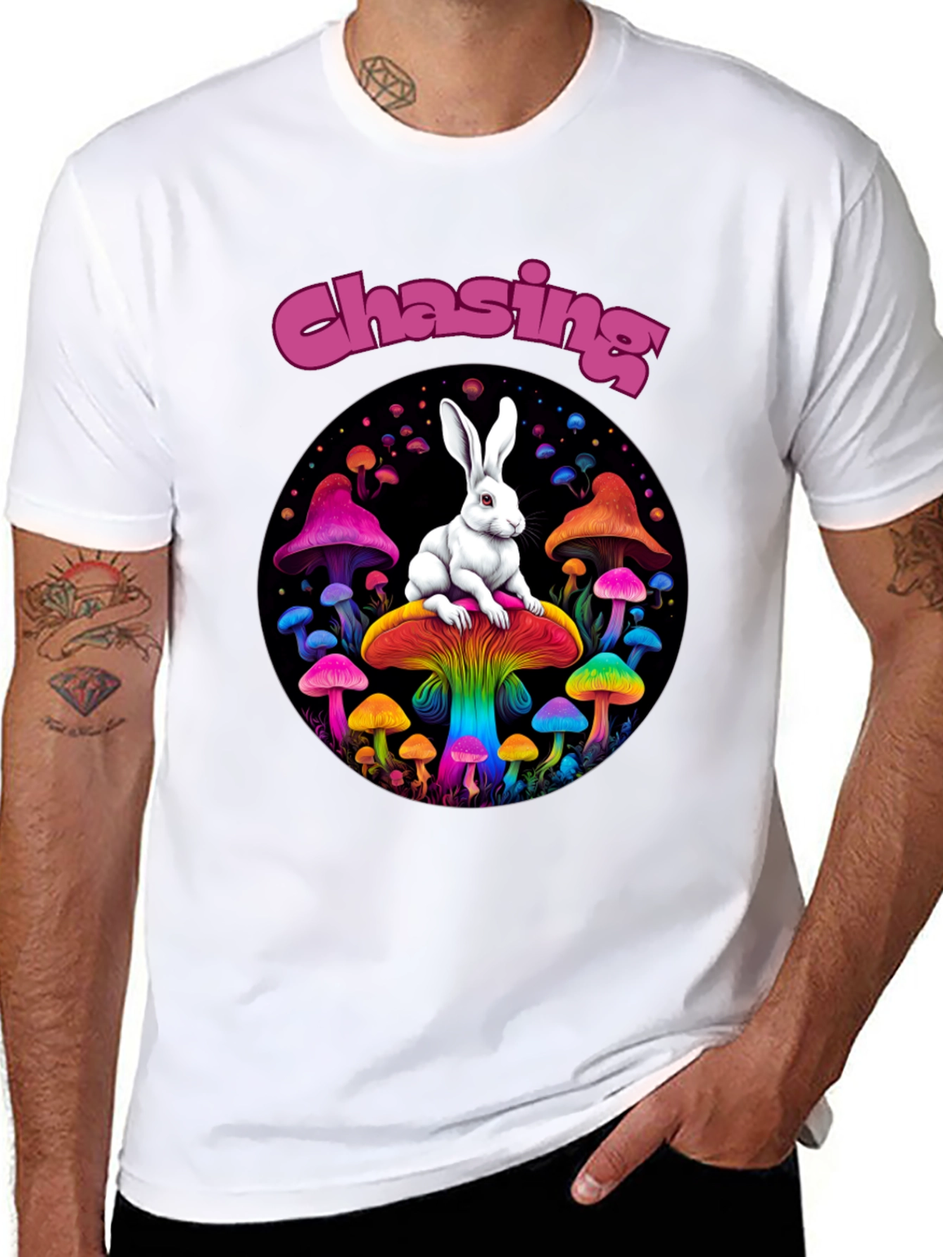 Black Chasing Rabbit Mushroom Graphic Tee view 8